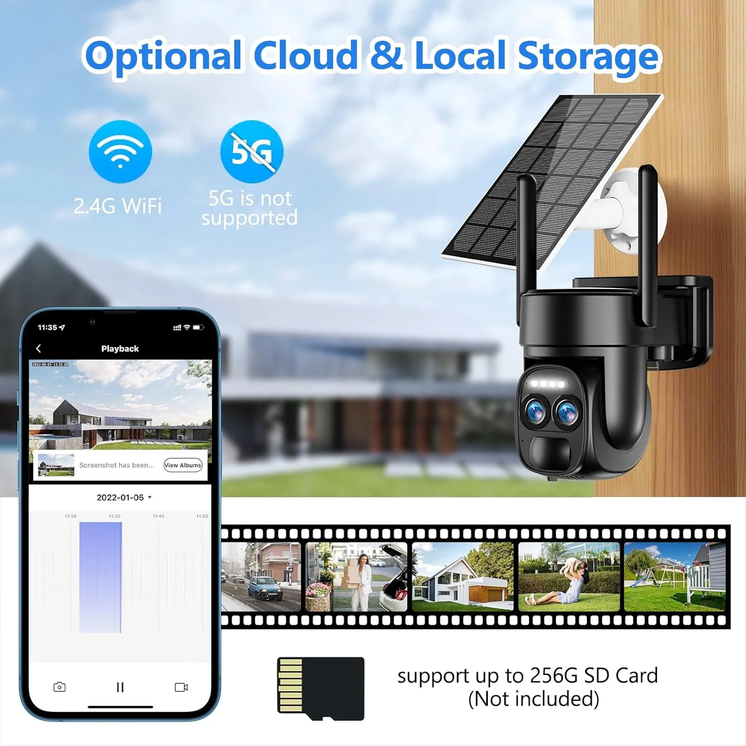 دوربین امنیتی خورشیدی 4K 8MP بی سیم، دوربین های بی سیم 360 درجه PTZ برای امنیت خانه با نورافکن و آژیر، آنتن دوتایی 5Dbi، تشخیص انسان PIR، دید در شب رنگی، 2.4/5Ghz، الکسا