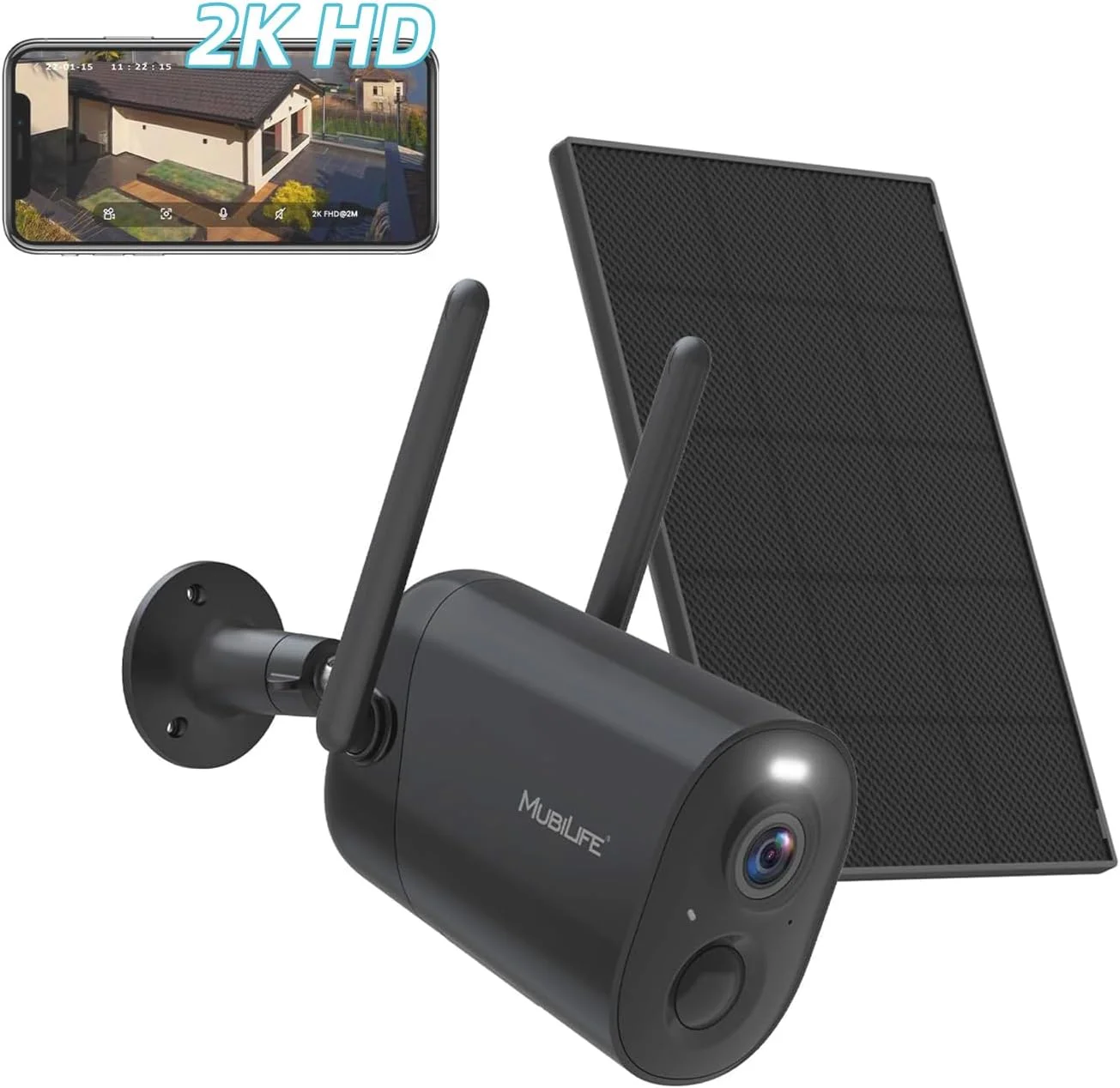 دوربین های امنیتی بی سیم فضای باز MUBILIFE ZUMIMALL، دوربین امنیتی بی سیم 2K HD فضای باز، ضد آب و هوا IP66، صدای دو طرفه، دید در شب دوربین داخلی خورشیدی خانگی