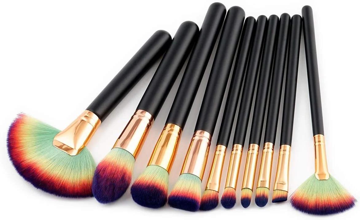 جینلیپ، ست 10 عددی براش آرایشی دخترانه، براش پودر باز، براش رژگونه، ابزار آرایشی (رنگ: سبز مشکی)