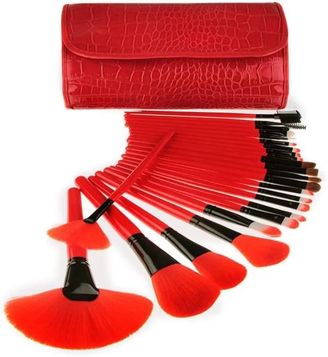 جینلیپ مجموعه ۲۴ عددی برس آرایشی برای ترکیب کرم پودر، رژگونه، کانسیلر و سایه چشم، مناسب مسافرت (رنگ: قرمز)