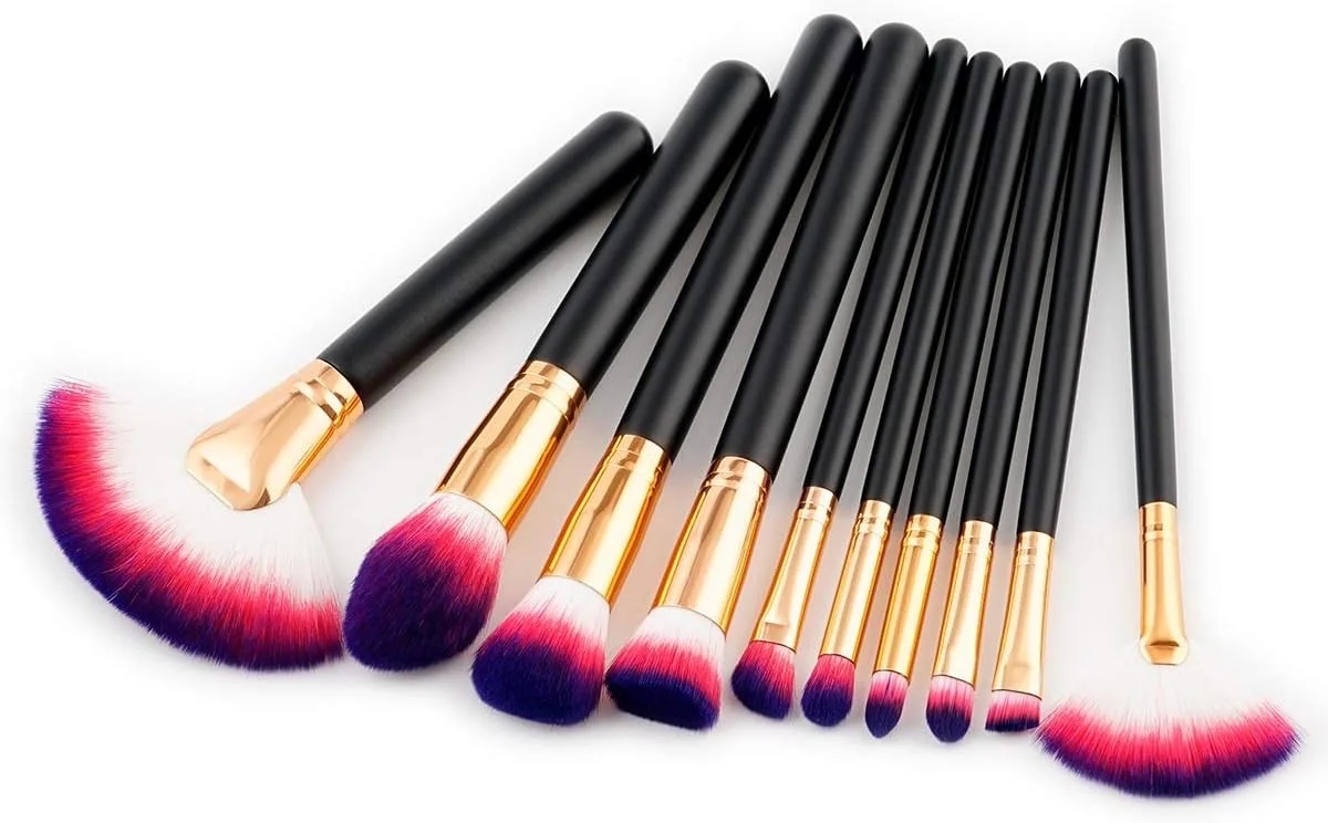 جینلیپ 10 عدد براش آرایشی دخترانه، براش پودر، براش رژگونه، ابزار آرایشی (رنگ: مشکی قرمز)