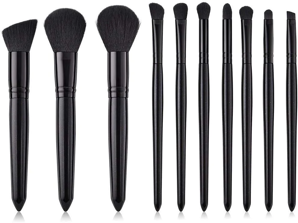 مجموعه برس آرایشی جینلیپ شامل 10 برس، برس کرم پودر، برس رژگونه، برس سایه چشم، برس هایلایتر و برس براق کننده لب - مشکی