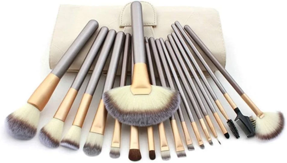 ست برس آرایشی 18 تکه جینلیپ با موی نایلونی و کیف چرمی اکرو (رنگ: بژ)