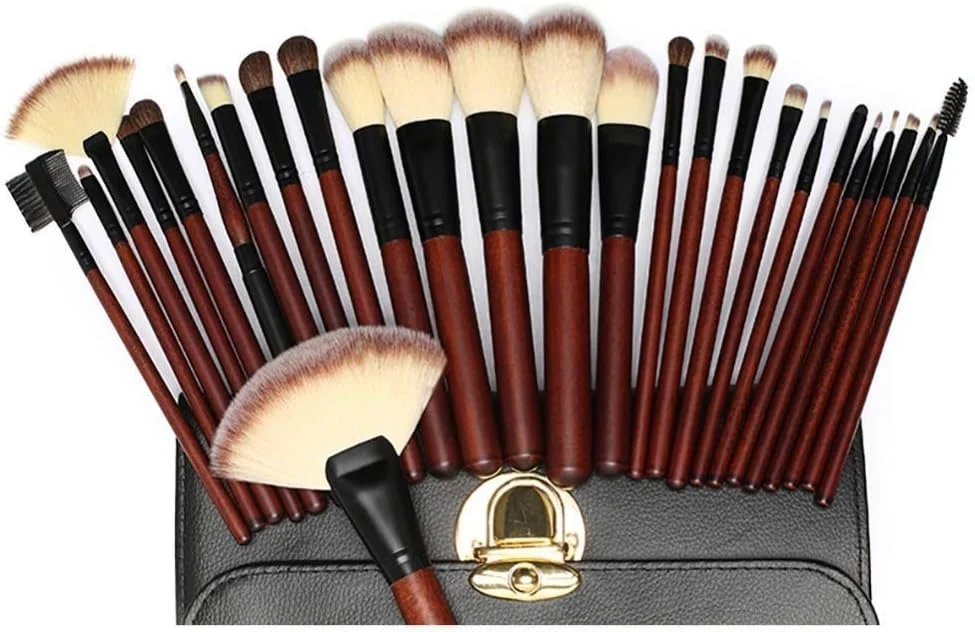 کیف لوازم آرایشی Jinlyp، ست 26 عددی برس آرایشی نوآورانه نیمه مصنوعی برای کرم پودر، رژگونه، کانسیلر، سایه چشم، بالم لب (رنگ: قرمز مشکی)