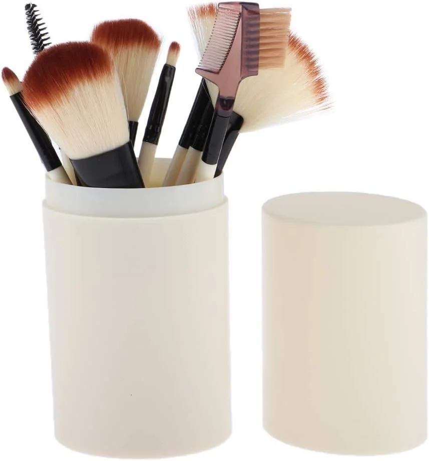 مجموعه کامل 12 عددی برس آرایشی دسته چوبی با کیفیت جینلیپ همراه با سطل نگهداری، ابزار آرایشی، مجموعه برس آرایشی ترکیبی (رنگ: سفید)