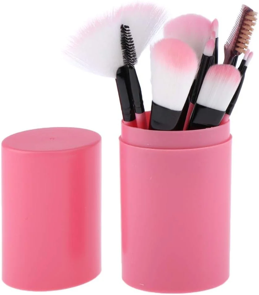 مجموعه ۱۲ عددی برس آرایشی دسته چوبی با کیفیت بالا Jinlyp به همراه سطل نگهداری، مناسب برای حمل آسان (رنگ: صورتی)