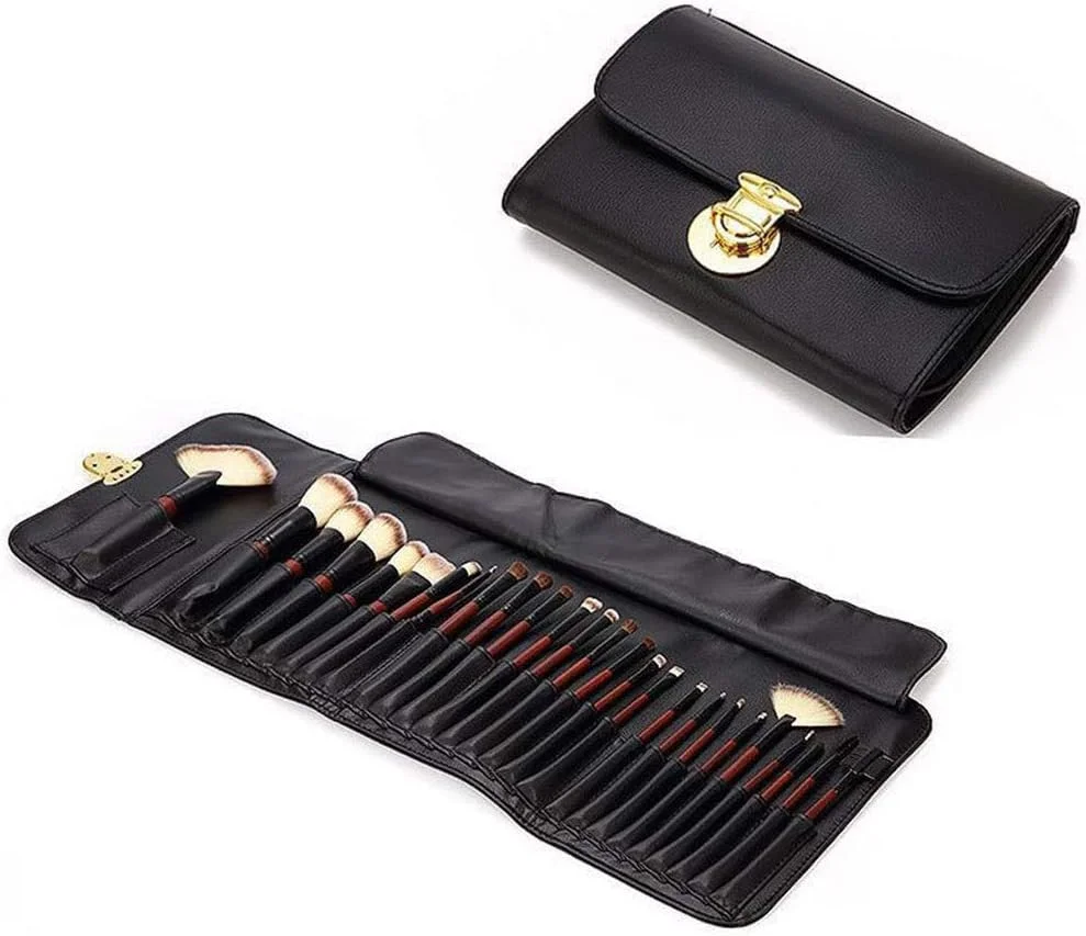 کیف لوازم آرایشی Jinlyp، ست 26 عددی برس آرایشی نوآورانه نیمه مصنوعی برای کرم پودر، رژگونه، کانسیلر، سایه چشم، بالم لب (رنگ: قرمز مشکی)
