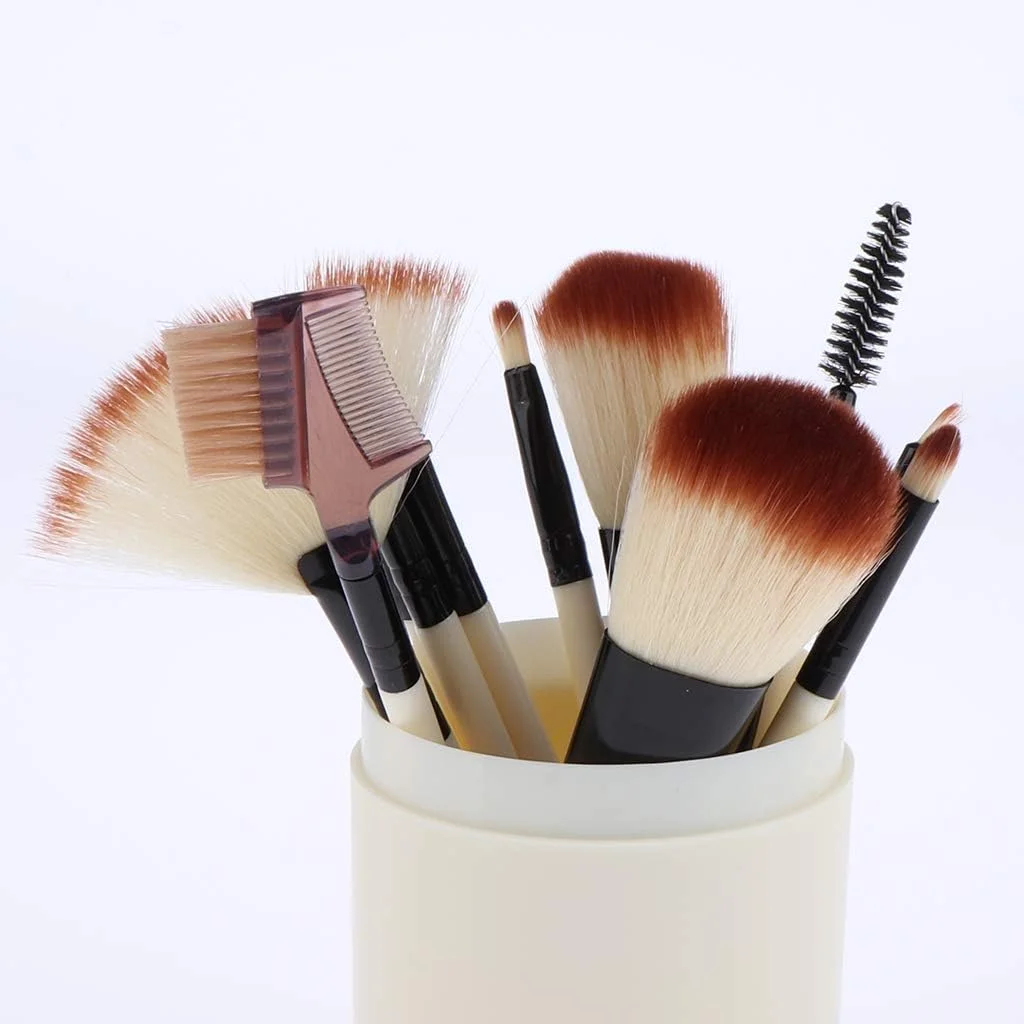 مجموعه کامل 12 عددی برس آرایشی دسته چوبی با کیفیت جینلیپ همراه با سطل نگهداری، ابزار آرایشی، مجموعه برس آرایشی ترکیبی (رنگ: سفید)