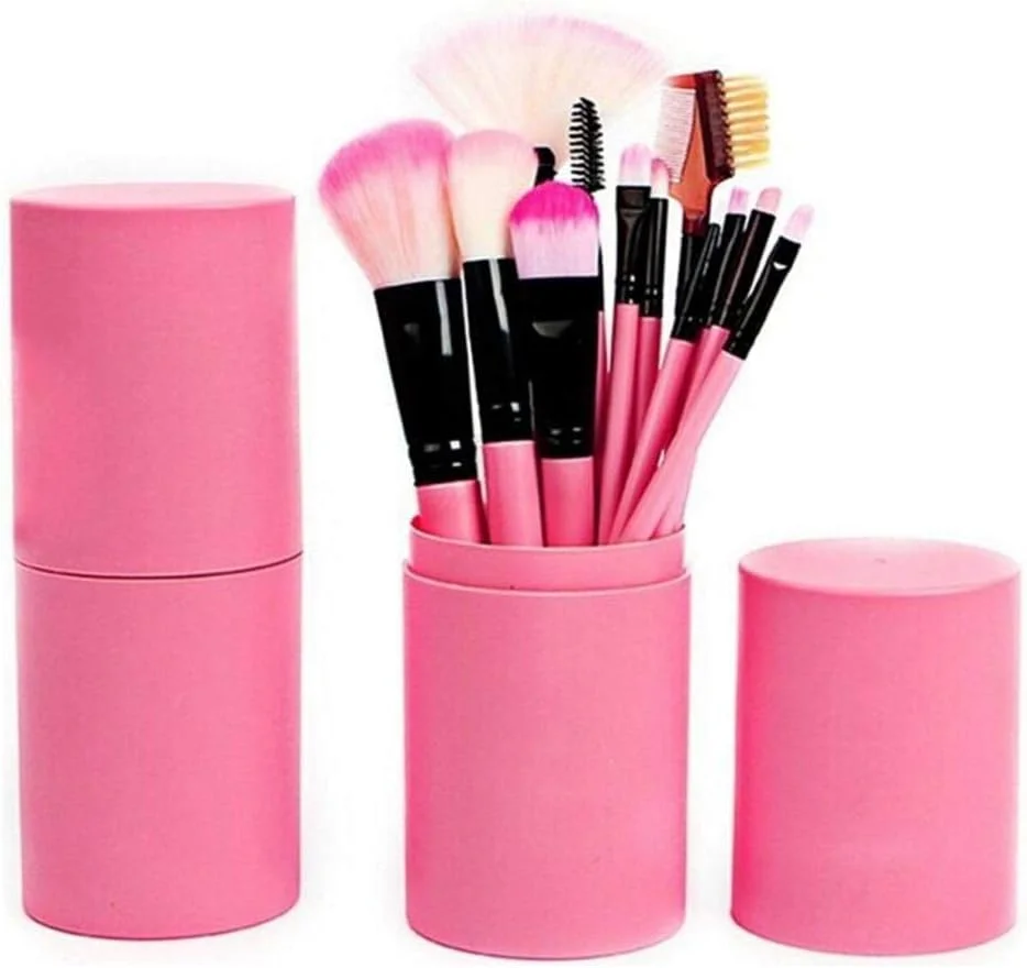 مجموعه ۱۲ عددی برس آرایشی دسته چوبی با کیفیت بالا Jinlyp به همراه سطل نگهداری، مناسب برای حمل آسان (رنگ: صورتی)