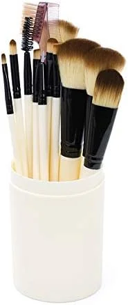 مجموعه کامل 12 عددی برس آرایشی دسته چوبی با کیفیت جینلیپ همراه با سطل نگهداری، ابزار آرایشی، مجموعه برس آرایشی ترکیبی (رنگ: سفید)