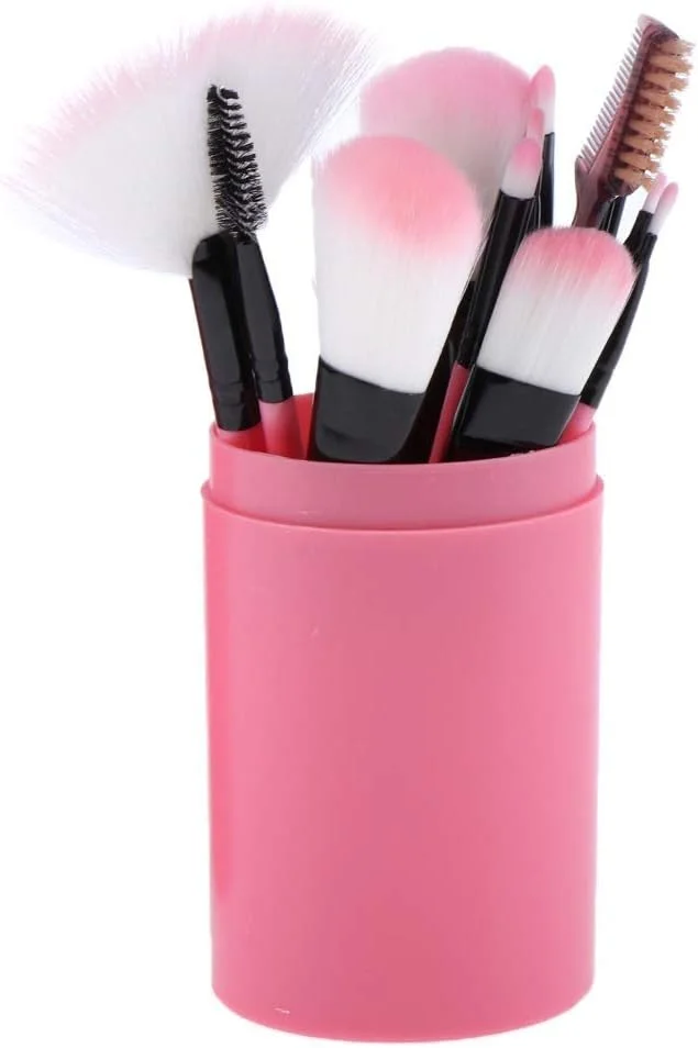 مجموعه ۱۲ عددی برس آرایشی دسته چوبی با کیفیت بالا Jinlyp به همراه سطل نگهداری، مناسب برای حمل آسان (رنگ: صورتی)