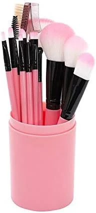 مجموعه ۱۲ عددی برس آرایشی دسته چوبی با کیفیت بالا Jinlyp به همراه سطل نگهداری، مناسب برای حمل آسان (رنگ: صورتی)