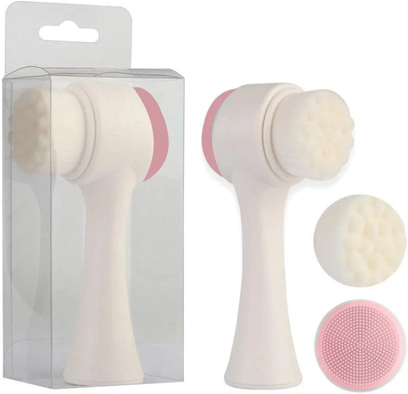 برس شستشوی دستی دو طرفه سه بعدی Jinlyp، پاک کننده منافذ نرم میکرو، شستشوی صورت تصفیه کننده سیلیکونی (رنگ: سفید صورتی)