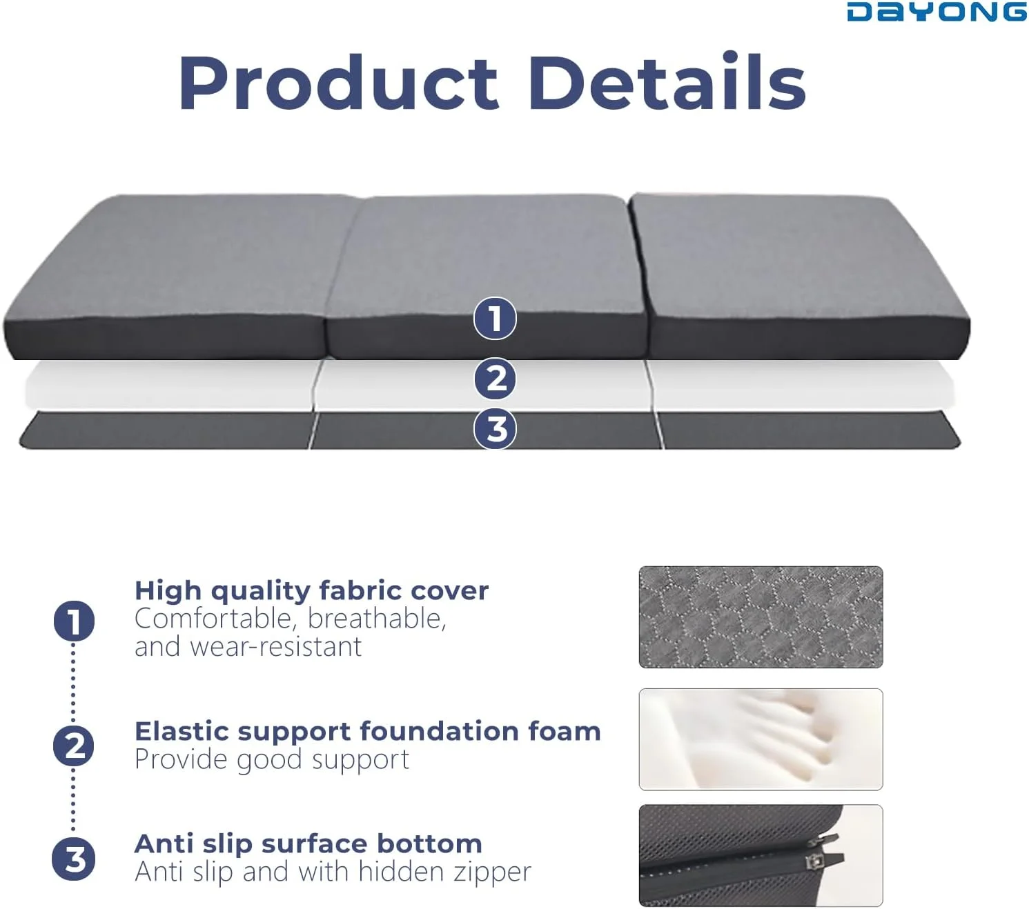 تشک تاشو DAYONG، تشک فوم تک نفره سه لایه با روکش قابل شستشو، زیرانداز خواب قابل حمل برای کمپینگ، مسافرت و تخت مهمان، 190×96×10.2 سانتی متر