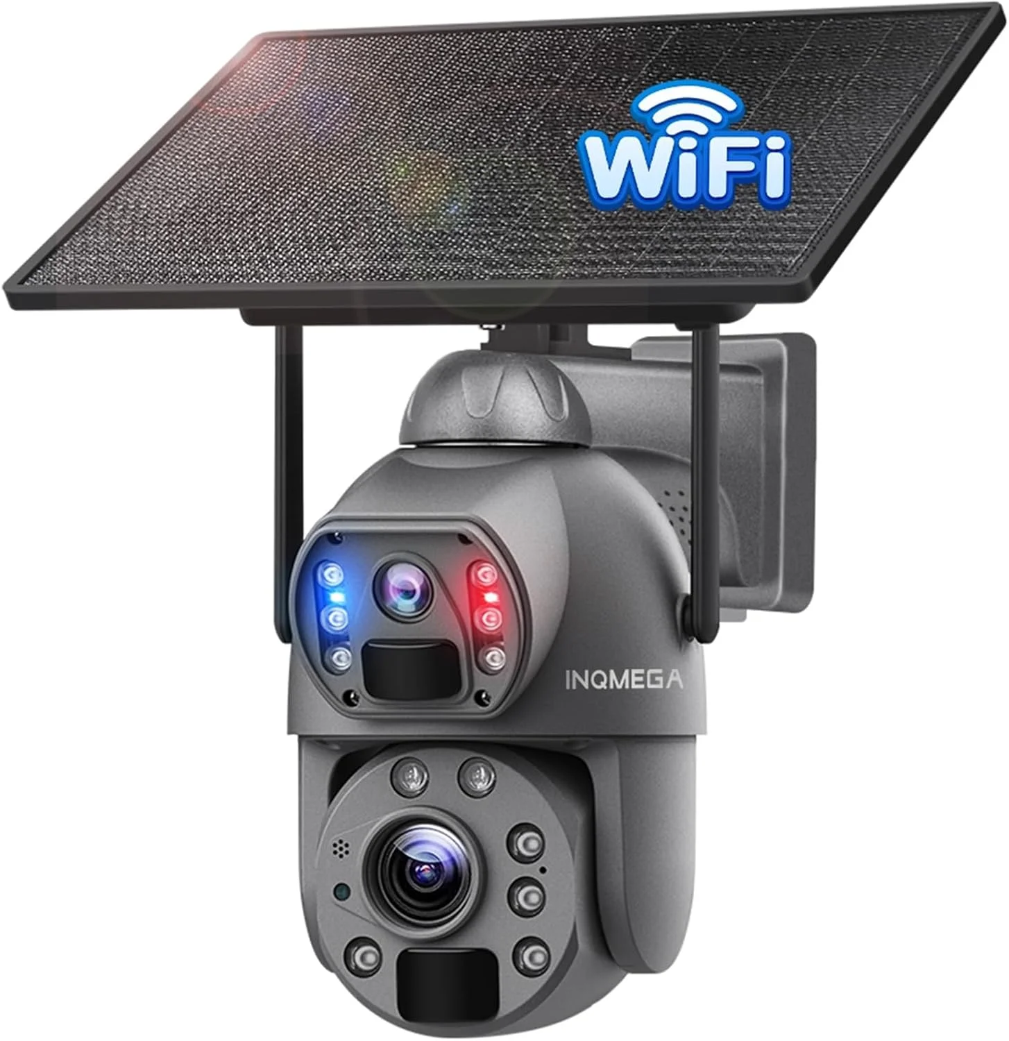 دوربین های امنیتی خورشیدی دو لنز INQMEGA فلزی [زوم 20X] 6 مگاپیکسلی، دوربین با باتری وای فای 2.4G با پنل خورشیدی 10 واتی، تشخیص حرکت PIR، دید در شب رنگی، آژیر نورافکن