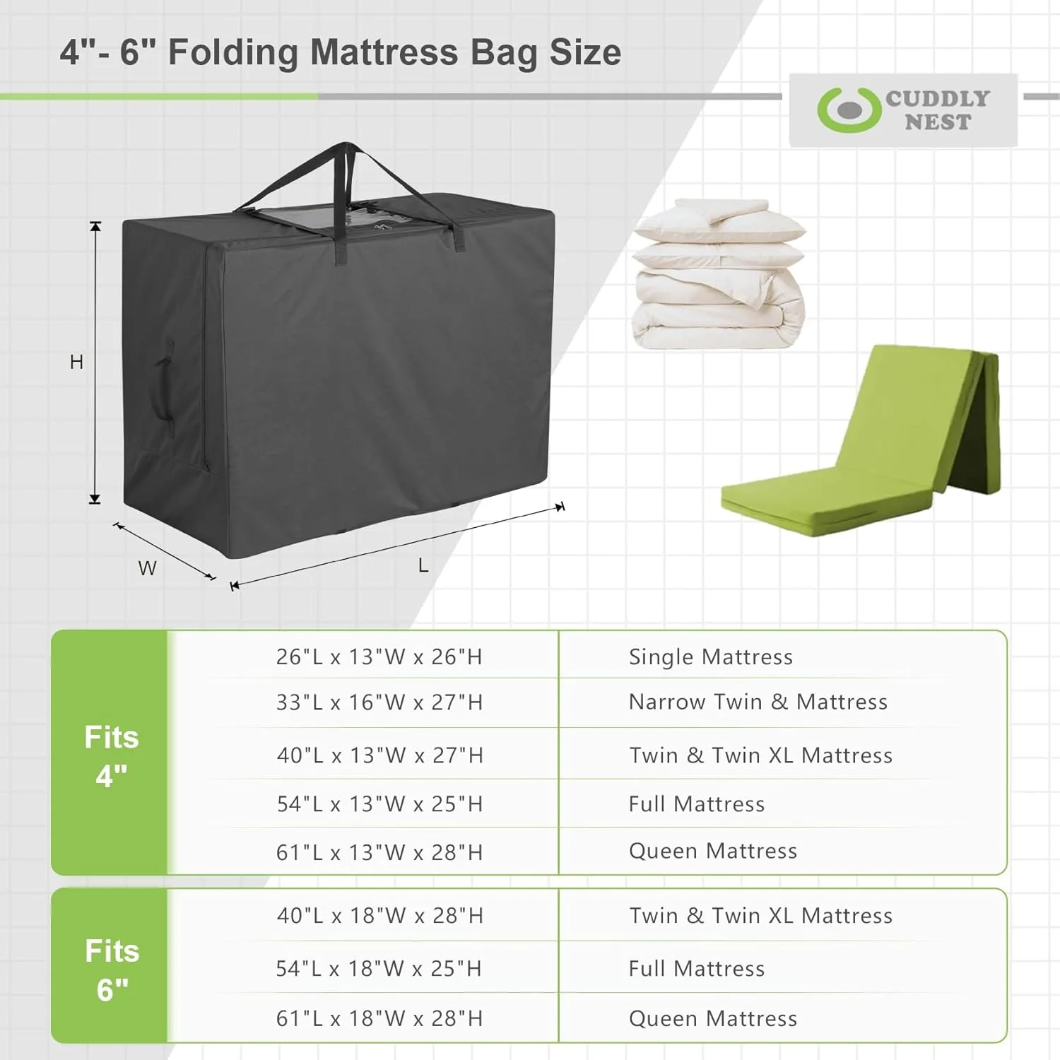 کیف نگهداری تشک تاشو Cuddly Nest - کیف حمل سنگین برای تشک مهمان سه لایه (مناسب برای تشک های باریک یک نفره و کوئین 4-6 اینچی) کیف نگهداری تشک تاشو Cuddly Nest - کیف حمل سنگین برای تشک مهمان سه لایه (مناسب برای تشک های باریک یک نفره و کوئین 4-6 اینچی)