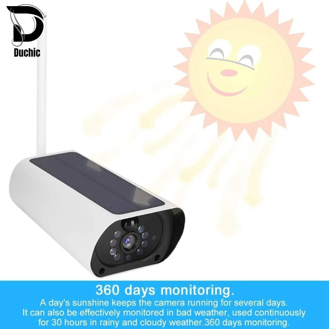دوربین امنیتی خورشیدی Duchic برای فضای باز، پنل خورشیدی وای فای بی سیم 1080P، باتری قابل شارژ، هشدارهای حرکتی دو طرفه PIR دوربین امنیتی خورشیدی Duchic برای فضای باز، پنل خورشیدی وای فای بی سیم 1080P، باتری قابل شارژ، هشدارهای حرکتی دو طرفه PIR