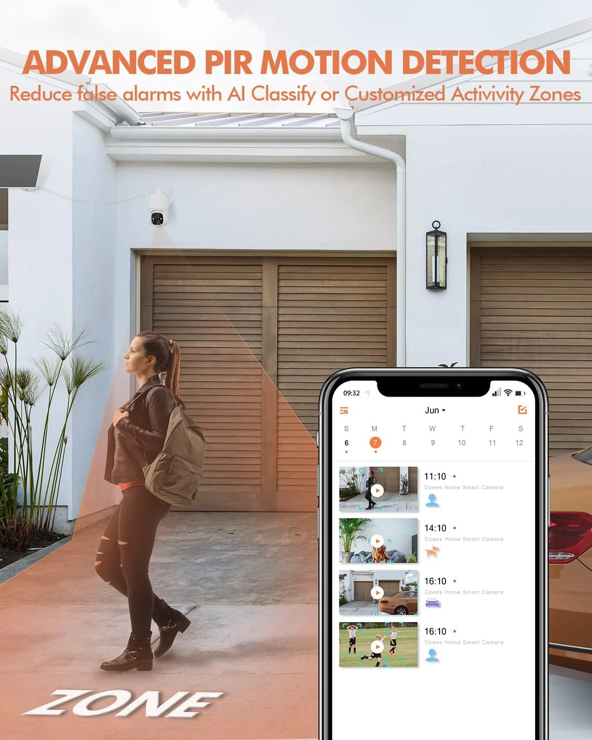 دوربین های امنیتی خورشیدی بی سیم فضای باز Dzees، دوربین امنیتی 2K با باتری، دوربین 360 درجه PTZ با نورافکن، آژیر، دید در شب رنگی، تشخیص هوش مصنوعی، IP66 برای امنیت خانه، 2.4 گیگاهرتز