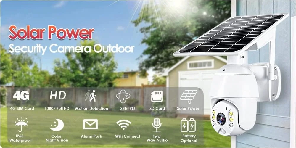 دوربین مداربسته خورشیدی Eazyliv (4G) با رزولوشن بالا 1080P و پنل خورشیدی 8 واتی PTZ، قابلیت چرخش 360 درجه، بی سیم، مناسب فضای باز، ضد آب IP66، دید در شب، صدای دو طرفه (باتری شامل نمی شود) دوربین مداربسته خورشیدی Eazyliv (4G) با رزولوشن بالا 1080P و پنل خورشیدی 8 واتی PTZ، قابلیت چرخش 360 درجه، بی سیم، مناسب فضای باز، ضد آب IP66، دید در شب، صدای دو طرفه (باتری شامل نمی شود)