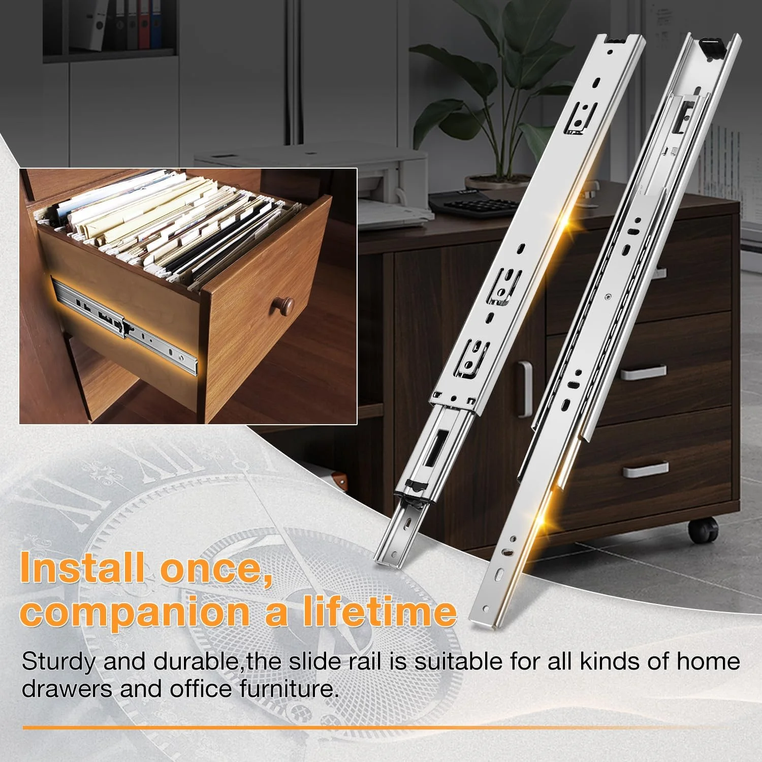 ریل کشویی تلسکوپی یونو، نصب جانبی، در سایزهای 25، 30، 35، 40، 45، 50، 55 و 60 سانتی‌متر، بلبرینگی، ریل فلزی، راهنما، لغزنده، مناسب برای مصارف سنگین، تحمل وزن 45 کیلوگرم (فولاد نورد شده - یک جفت، 45 سانتی‌متر)