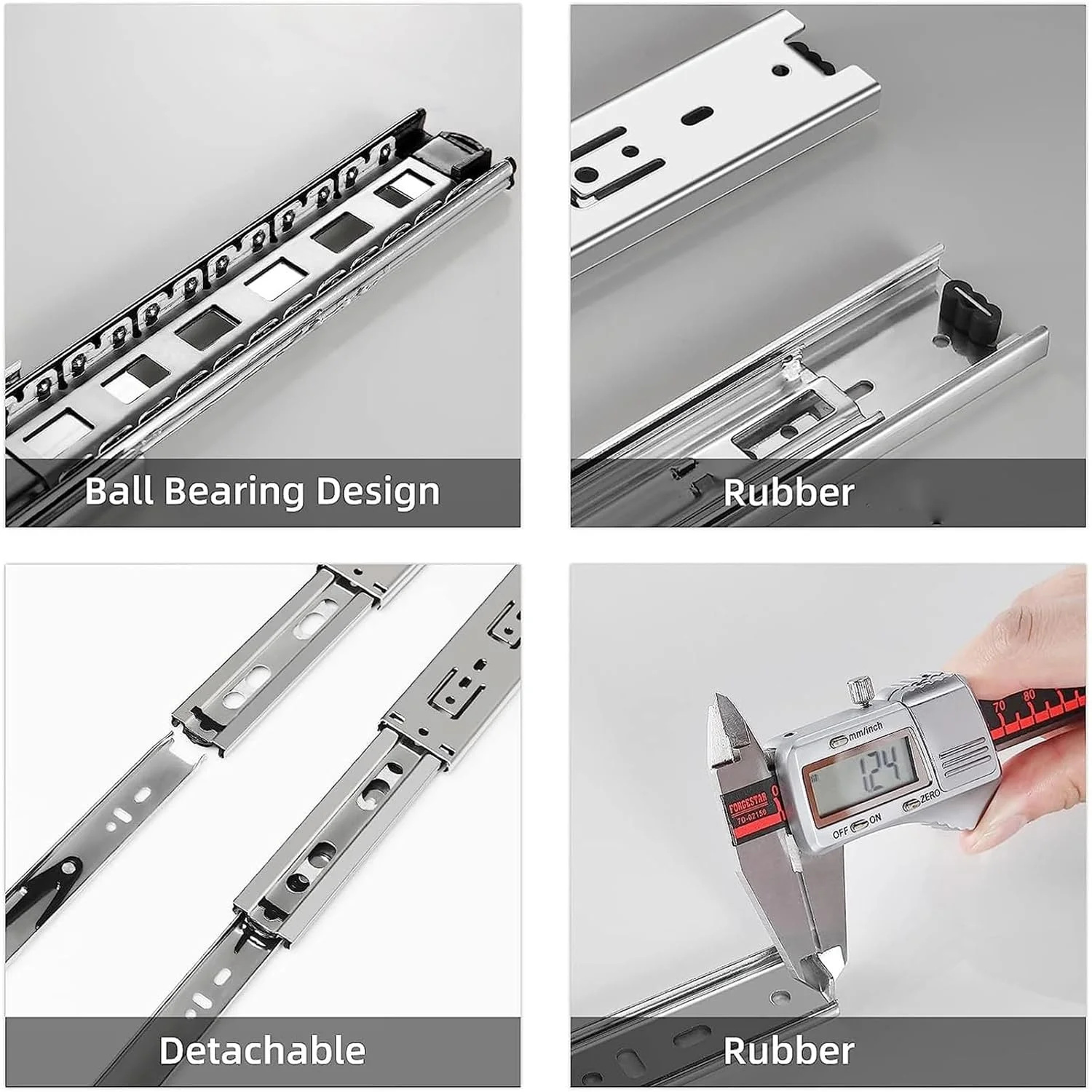 ریل کشو سفید فروشگاهی با قابلیت باز شدن کامل، ظرفیت باربری 45 کیلوگرم، نصب جانبی، بلبرینگ دار، مناسب برای کشوهای کمد، دراور، کابینت، آشپزخانه و سطل زباله (معمولی U1045-10 "250mm)