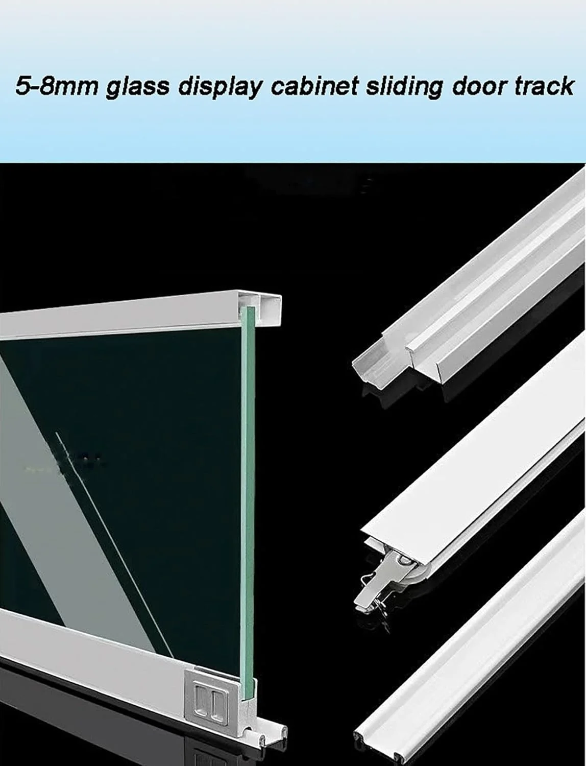 ریل قرقره درب کشویی کمد، کیت سخت افزاری درب کشویی دو مسیره برای کابینت های شیشه ای 8 میلی متری/قفسه های کتاب/آشپزخانه (مشکی، 150 سانتی متر)