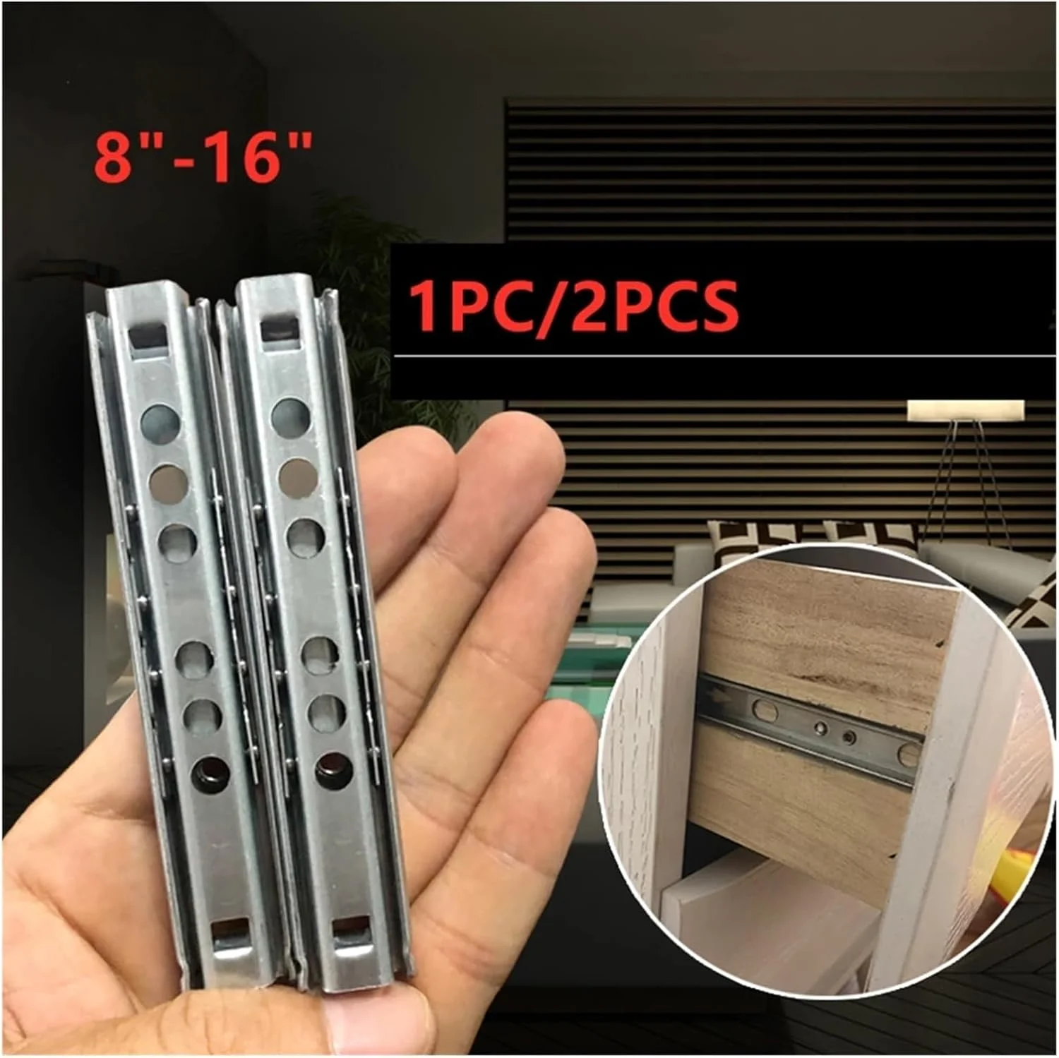 ریل کشویی بلبرینگی دو قسمتی 8 تا 16 اینچ، ریل کشو مبلمان، ریل بلبرینگی فولادی، مناسب برای کشوهای کابینت و صفحه کلید (یک عدد 342 میلی متر)