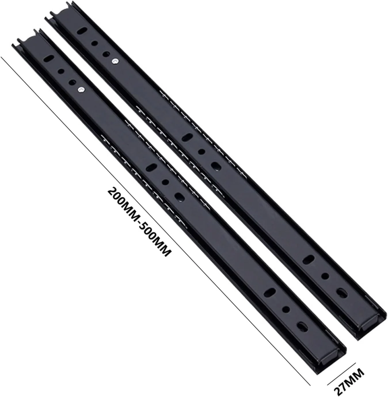 یک جفت ریل کشو فولادی دو قسمتی با عرض 27 میلی متر، 8 اینچ - 18 اینچ، ریل ساچمه ای، اتصالات سخت افزاری مبلمان (450 میلی متر)