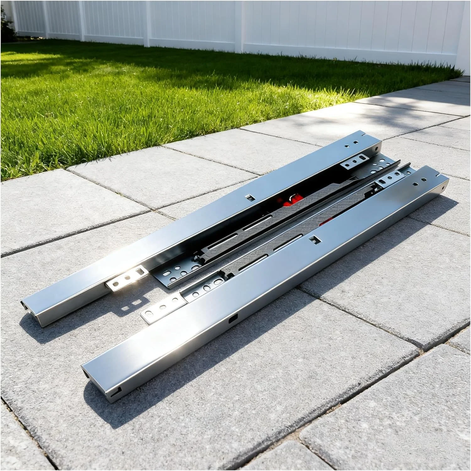 ریل کشو زیرکابینتی سایزهای 20 25 30 35 40 45 55 60 65 70 75 سانتی‌متر، ریل کشو نصب از پایین آرام بند با قفل، ریل سه تکه بازشو کامل (35 سانتی‌متر)