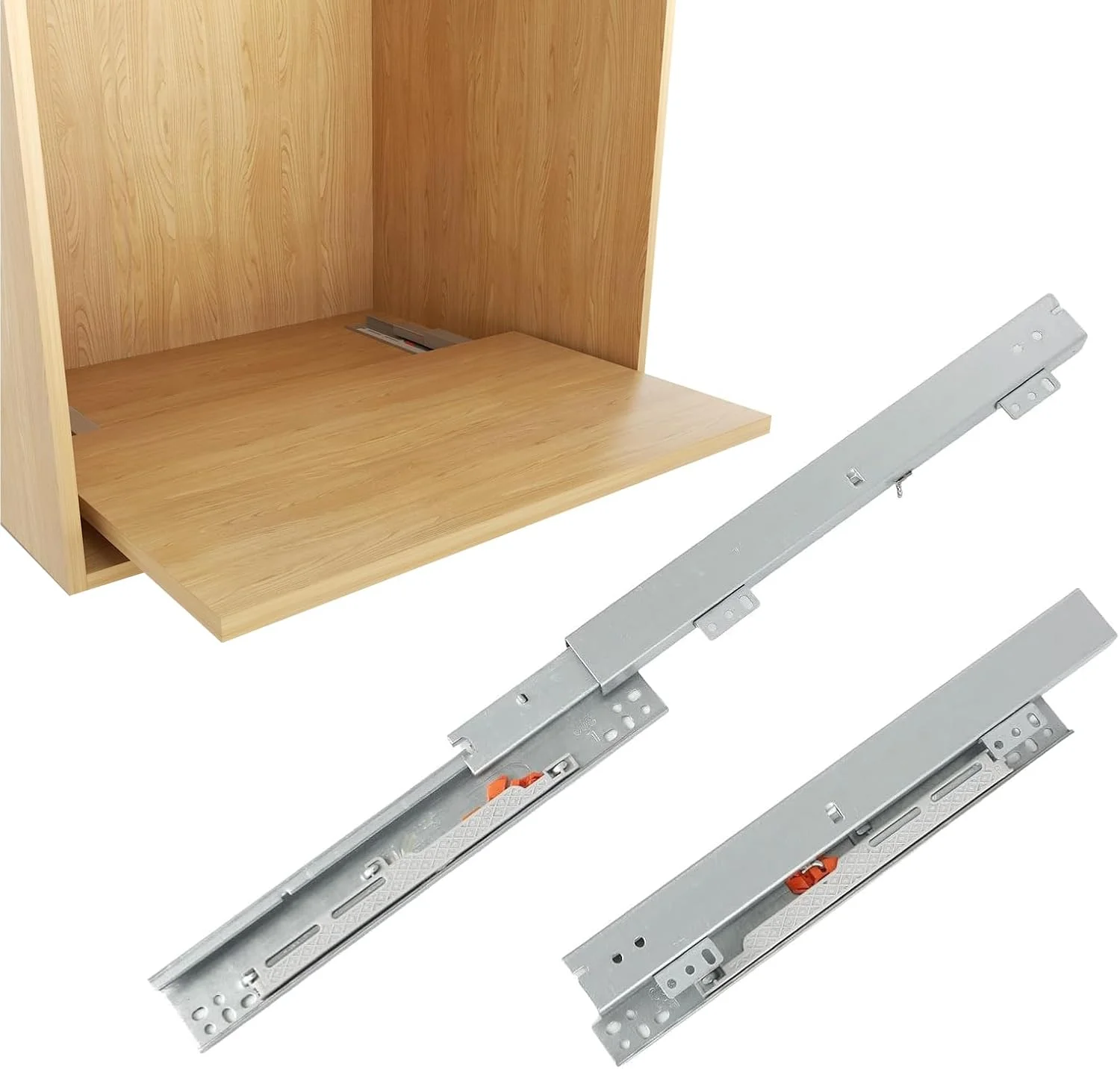 ریل کشویی مخفی زیر کابینت با نصب از پایین، مناسب برای قفسه‌های کشویی، باز شدن کامل و حرکت نرم، مناسب برای سینی کابینت، کشوهای آشپزخانه، قفسه انبار و سطل زباله