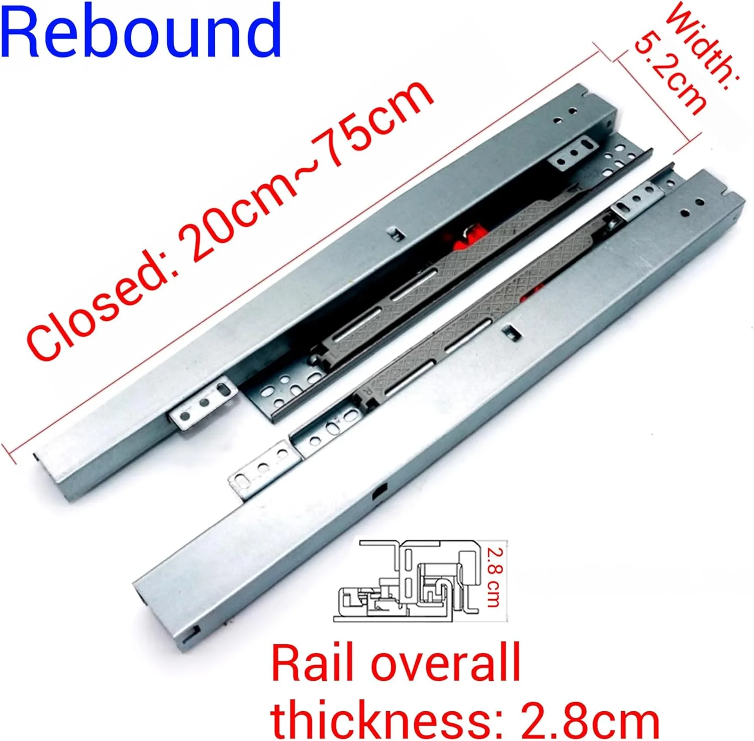 ریل کشو زیرکابینتی، ریل های آرام بند نصب از پایین برای قفسه های کشویی سه تایی با قابلیت باز شدن کامل، ریل های نامرئی کشو برای سینی کابینت، کشوی آشپزخانه و انبار (75 سانتی متر / 30 اینچ)