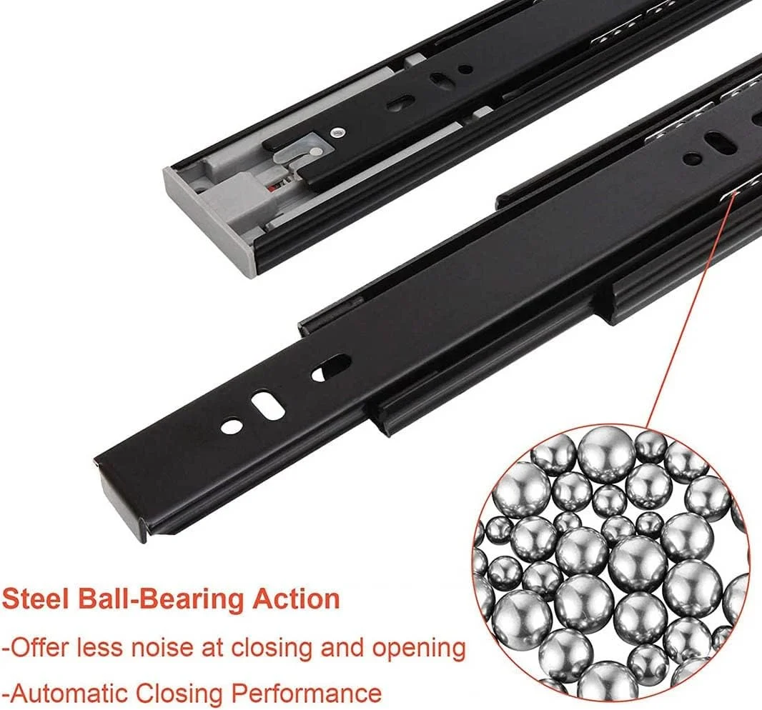 ریل کشو جعبه ابزار با مکانیزم بسته شدن نرم و تحمل بار سنگین 45 کیلوگرم، ریل های کشویی با قابلیت باز شدن کامل و نصب جانبی، همراه با پیچ های نصب، 1 جفت، رنگی (چند رنگ)