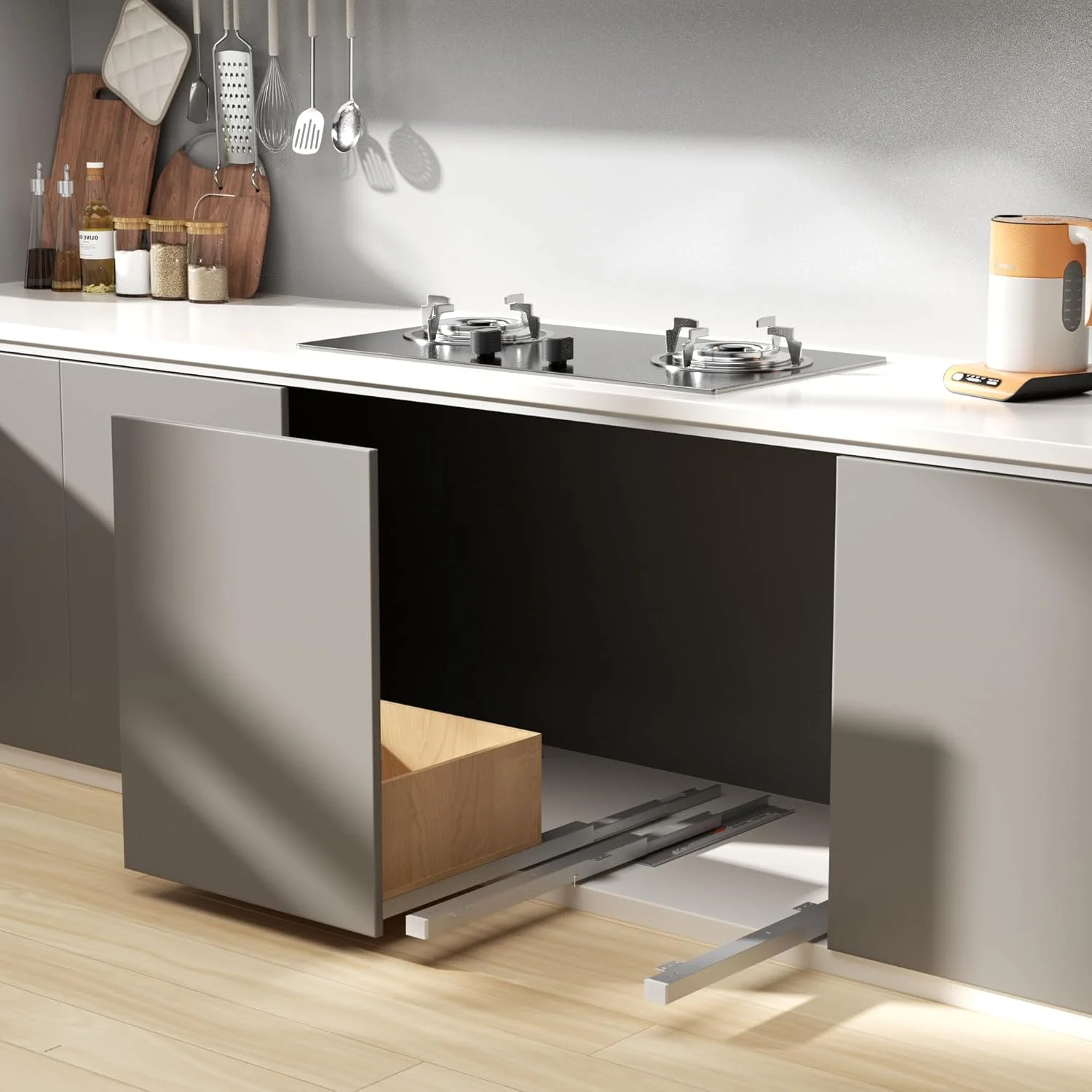 ریل کشویی مخفی زیر کابینت با نصب از پایین، مناسب برای قفسه‌های کشویی، باز شدن کامل و حرکت نرم، مناسب برای سینی کابینت، کشوهای آشپزخانه، قفسه انبار و سطل زباله