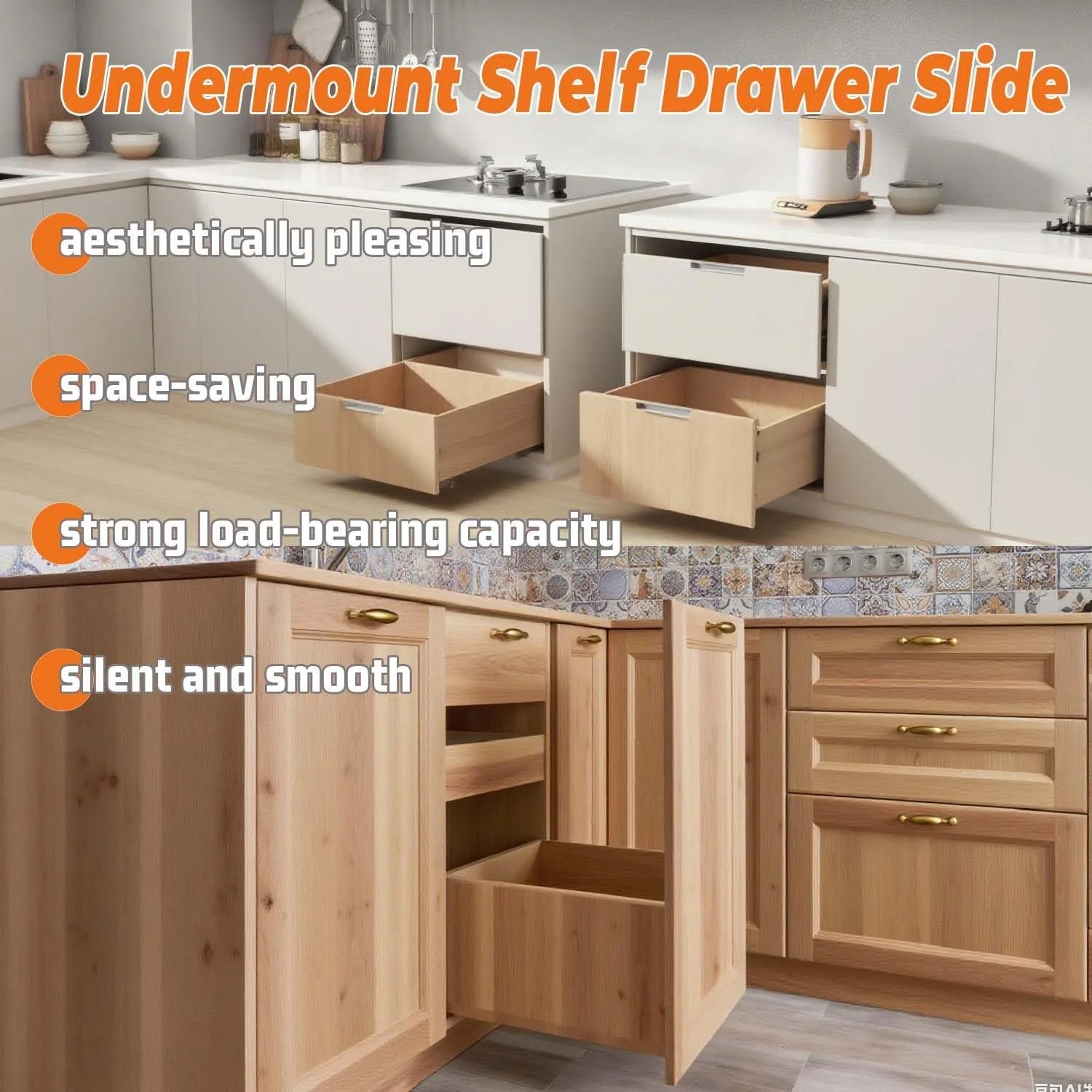 یک جفت ریل کشو زیر نصب، ریل قفسه کشویی بیرون کش، باز شدن کامل، آرام بند، ریل کشو زیر نصب با پیچ های استیل ضد زنگ برای سینی کابینت سخت افزار کشو آشپزخانه (22 اینچ)