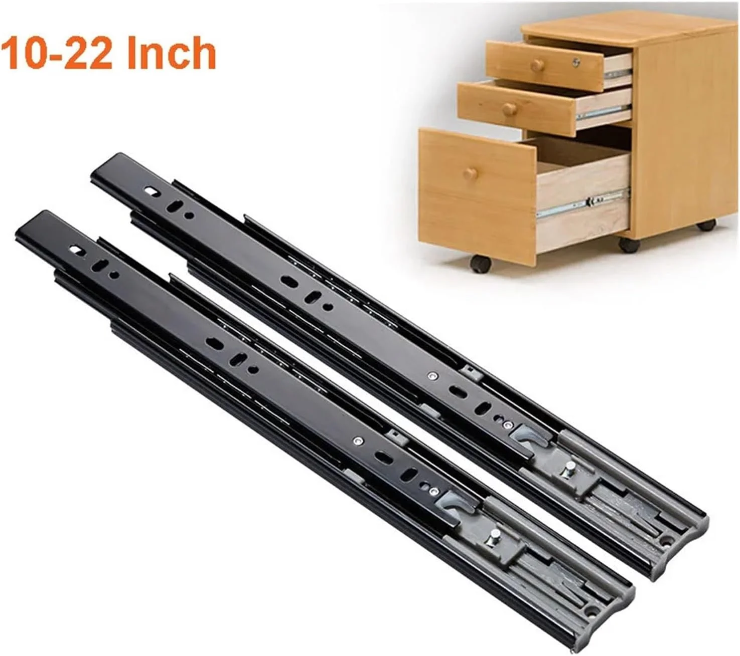 دو عدد ریل کشویی فلزی بافر دار 10-22 اینچ عرض 45 میلی متر، ریل سه تکه بی صدا، اتصالات سخت افزاری مبلمان (مشکی 450MM (18 اینچ))