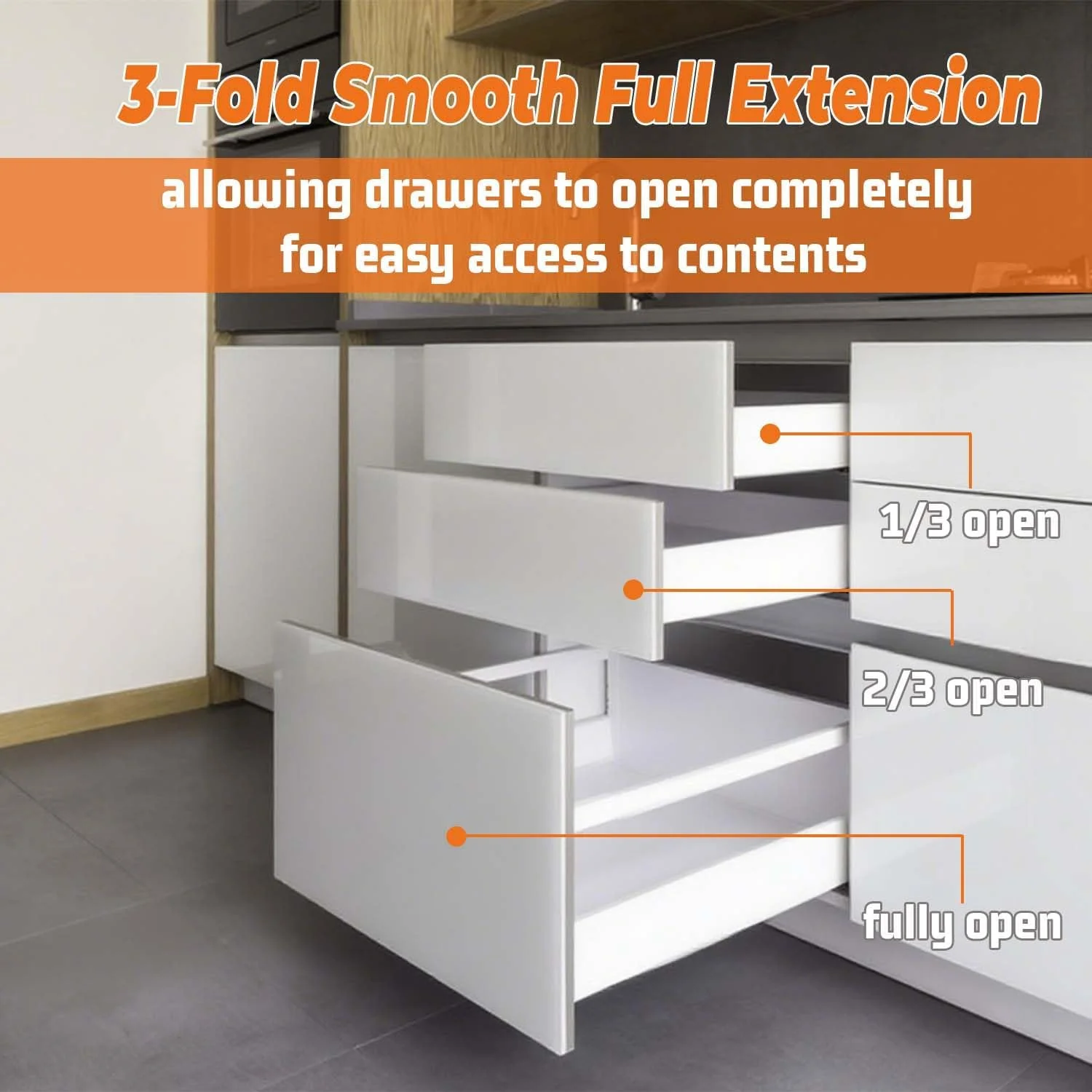 یک جفت ریل کشو زیر نصب، ریل قفسه کشویی بیرون کش، باز شدن کامل، آرام بند، ریل کشو زیر نصب با پیچ های استیل ضد زنگ برای سینی کابینت سخت افزار کشو آشپزخانه (22 اینچ)