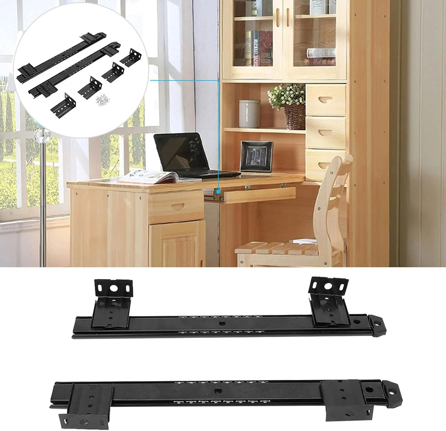 ریل کیبورد کشویی قابل تنظیم ارتفاع Tnfeeon، دو عددی، با توپ توپر و پد ضد لغزش، سینی فولادی 14 اینچی، لوازم جانبی میز کامپیوتر (مشکی) (مشکی)