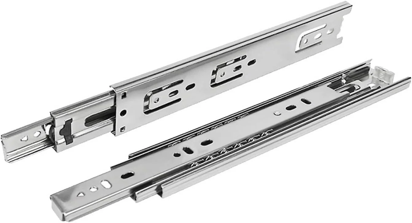 ریل کشویی ضخیم شده فولاد ضد زنگ با بافر هیدرولیک و میرایی، سه تکه بی صدا، سه تاشو با بلبرینگ و بازشوندگی کامل، 18 اینچ (18 اینچ)