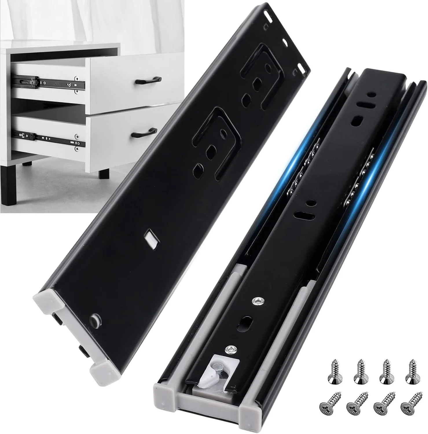 ریل کشو با بازشوندگی کامل TERRIFI، طول 250 میلی متر، ریل های جایگزین برای کابینت آشپزخانه، راهنمای لغزنده با ظرفیت بار سنگین 45 کیلوگرم، نصب جانبی (مشکی)