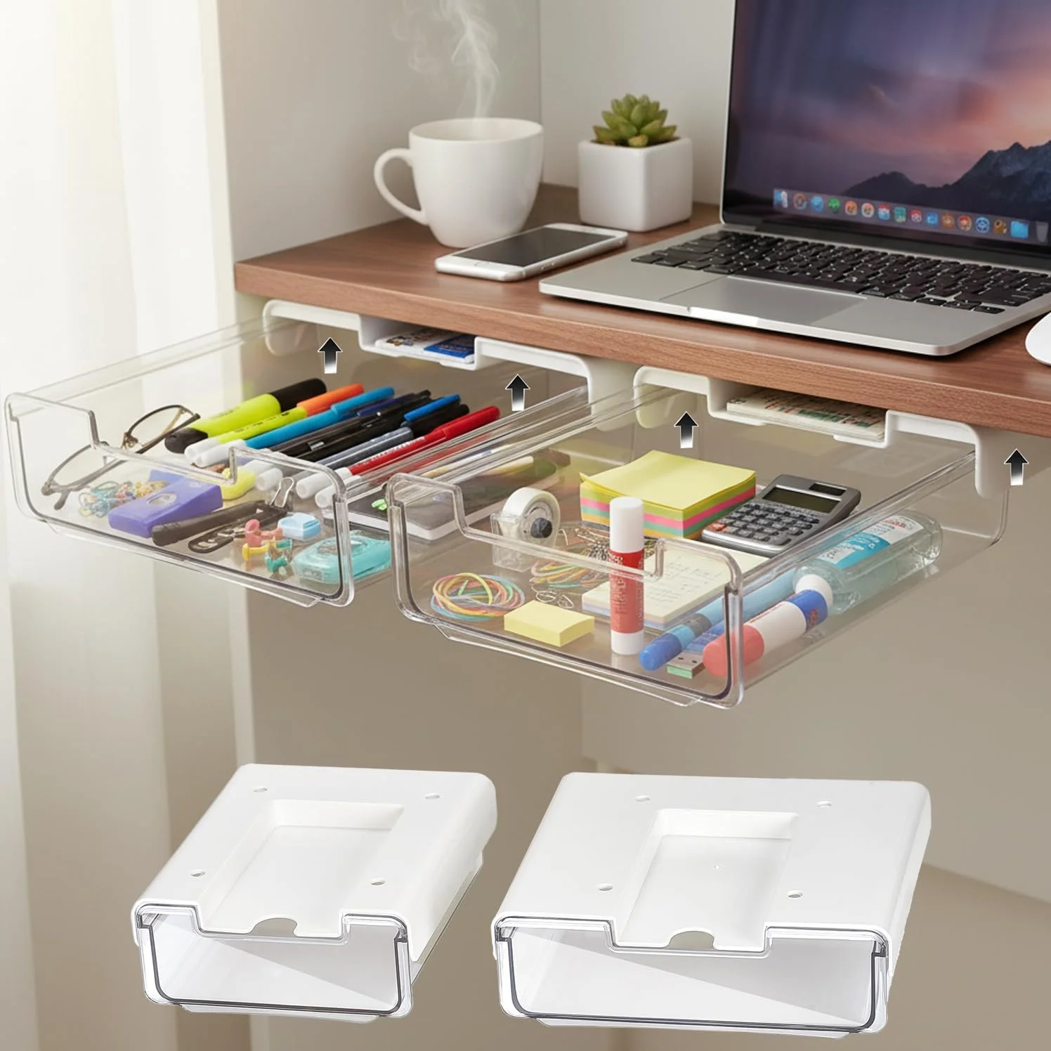 تپسواپ بسته 2 عددی کشو زیر میز با پایه تلفن، سینی مداد پلاستیکی شفاف، ضمیمه اضافی برای نگهداری لوازم اداری/قلم - سایز بزرگ و استاندارد