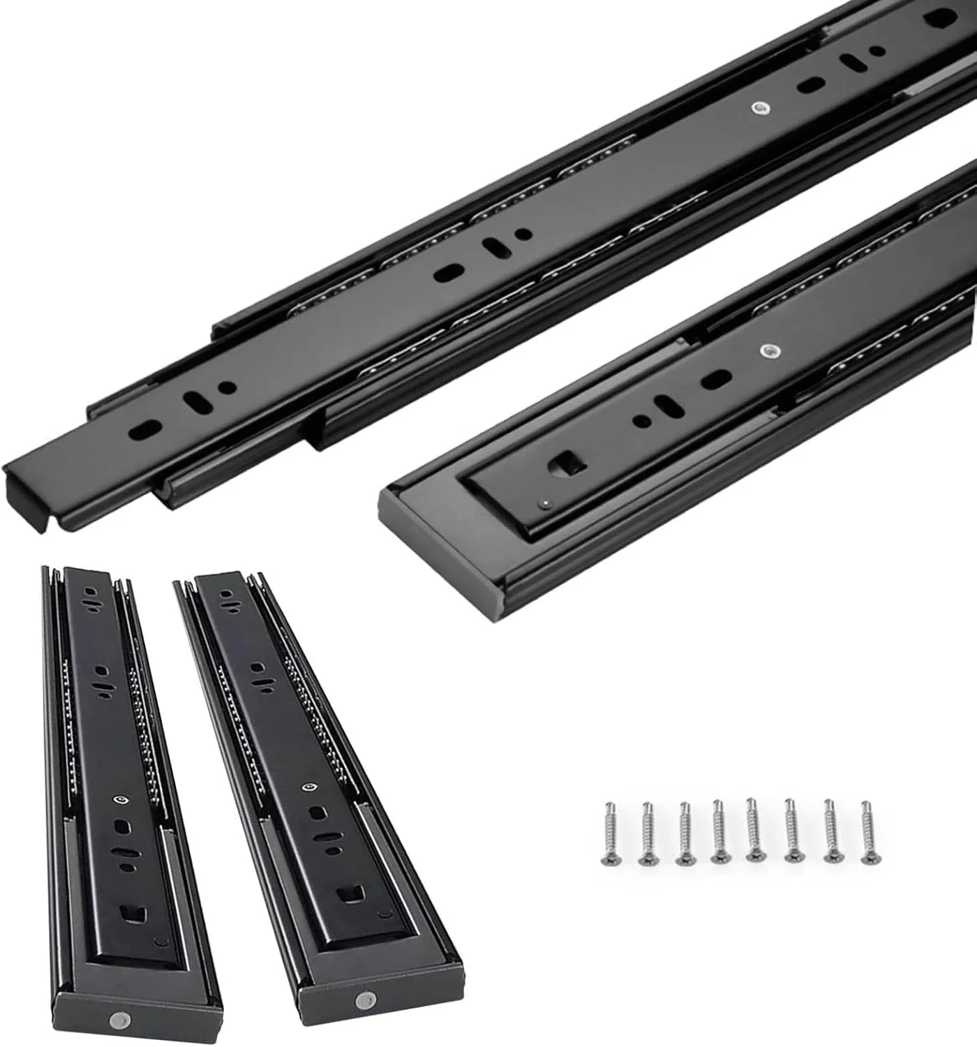 ریل کشو تلسکوپی با مکانیزم آرام بند، 3 تاشو، بلبرینگ دار با قابلیت باز شدن کامل، بسته 4 عددی، نصب جانبی، سنگین وزن، تحمل وزن 45 کیلوگرم، طول 25 تا 55 سانتیمتر