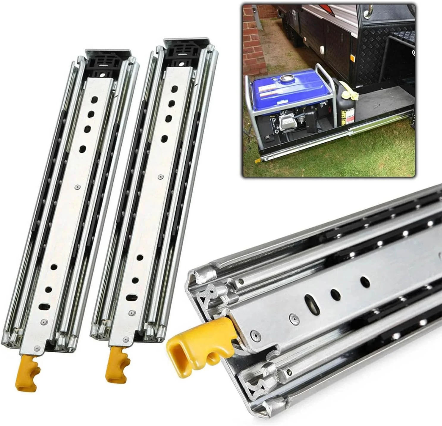 ریل کشو فلزی فولادی فوق العاده بلند، بلبرینگ با قابلیت باز شدن کامل و فوق سنگین، ریل کشو با قفل، 40، 44، 48، 52، 56، 60، 64، 68، 72، 76، 80 اینچ (180 کیلوگرم، یک جفت) (40 اینچ (100 سانتی متر))