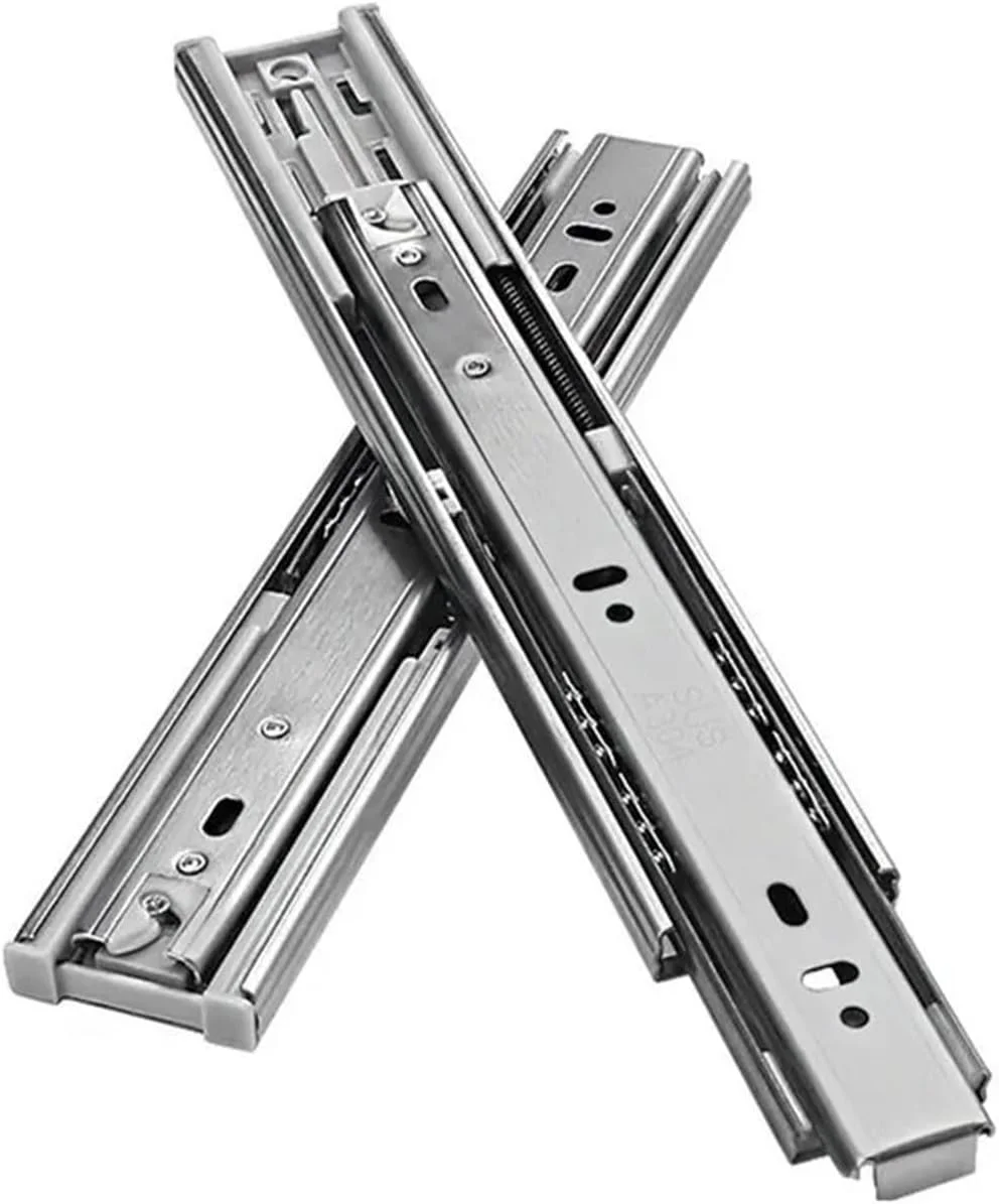 ریل کشو سه تکه استیل ضد زنگ، ریل ضخیم بی صدا، اسلاید بافر میرایی، اسلاید توپ فولادی، ریل کابینت، 14 اینچ (16 اینچ)