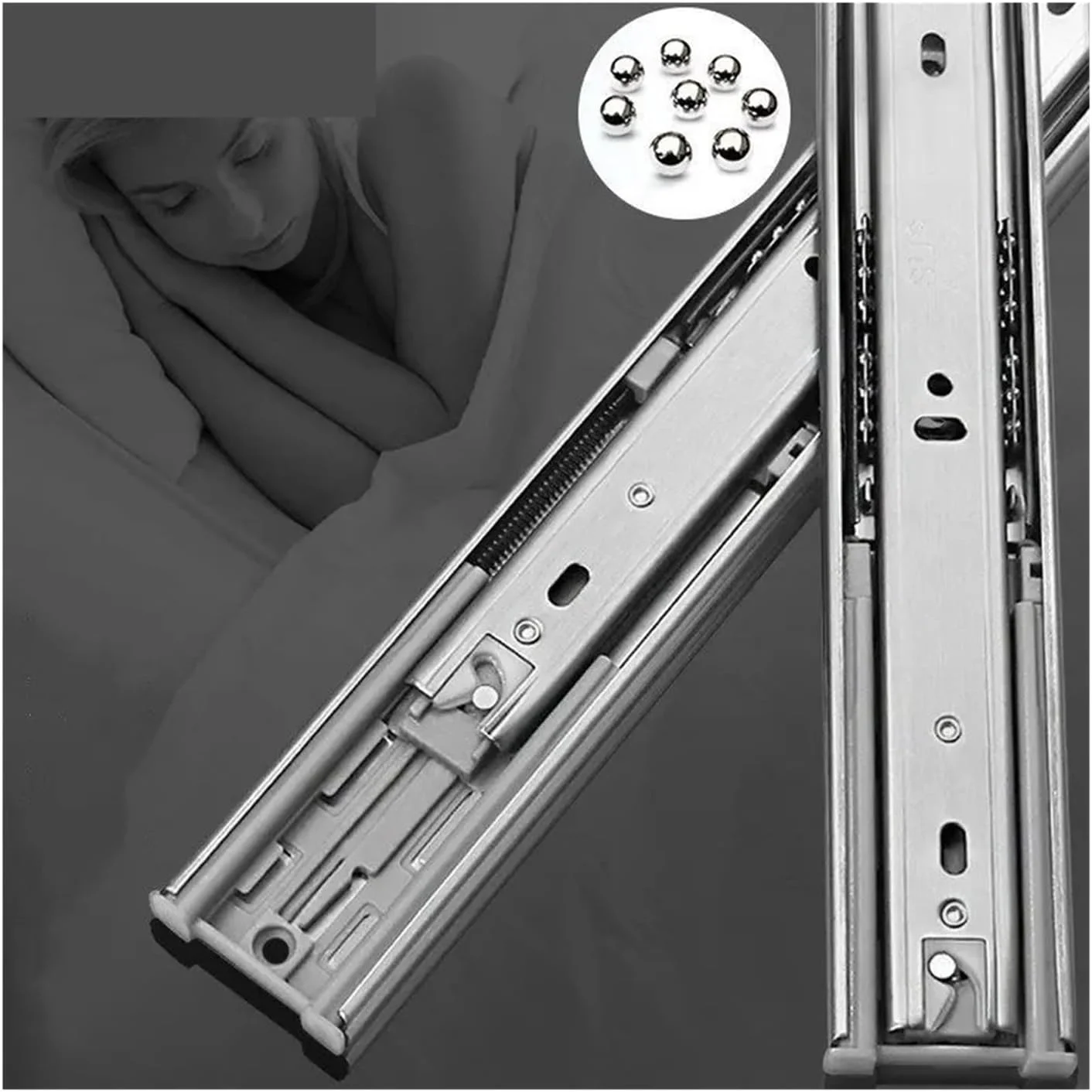 ریل کشو سه تکه استیل ضد زنگ، ریل ضخیم بی صدا، اسلاید بافر میرایی، اسلاید توپ فولادی، ریل کابینت، 14 اینچ (16 اینچ)