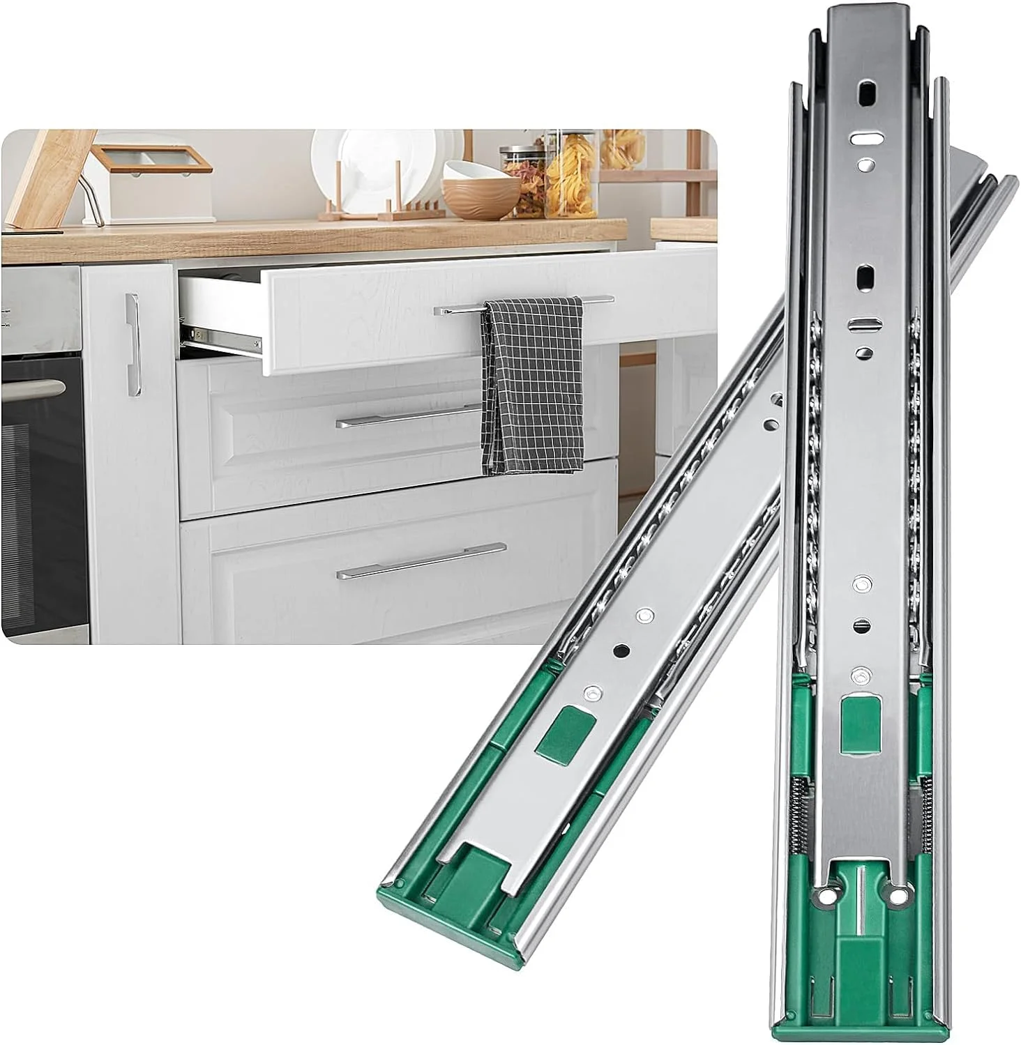 ریل کشویی نرم‌بند سایوسی، 2 جفت، 30 سانتی‌متری، بلبرینگ دار، بازشوندگی کامل، نصب جانبی، ظرفیت بار 45 کیلوگرم، مناسب برای کشوهای کمد، کابینت و آشپزخانه، رنگ نقره‌ای