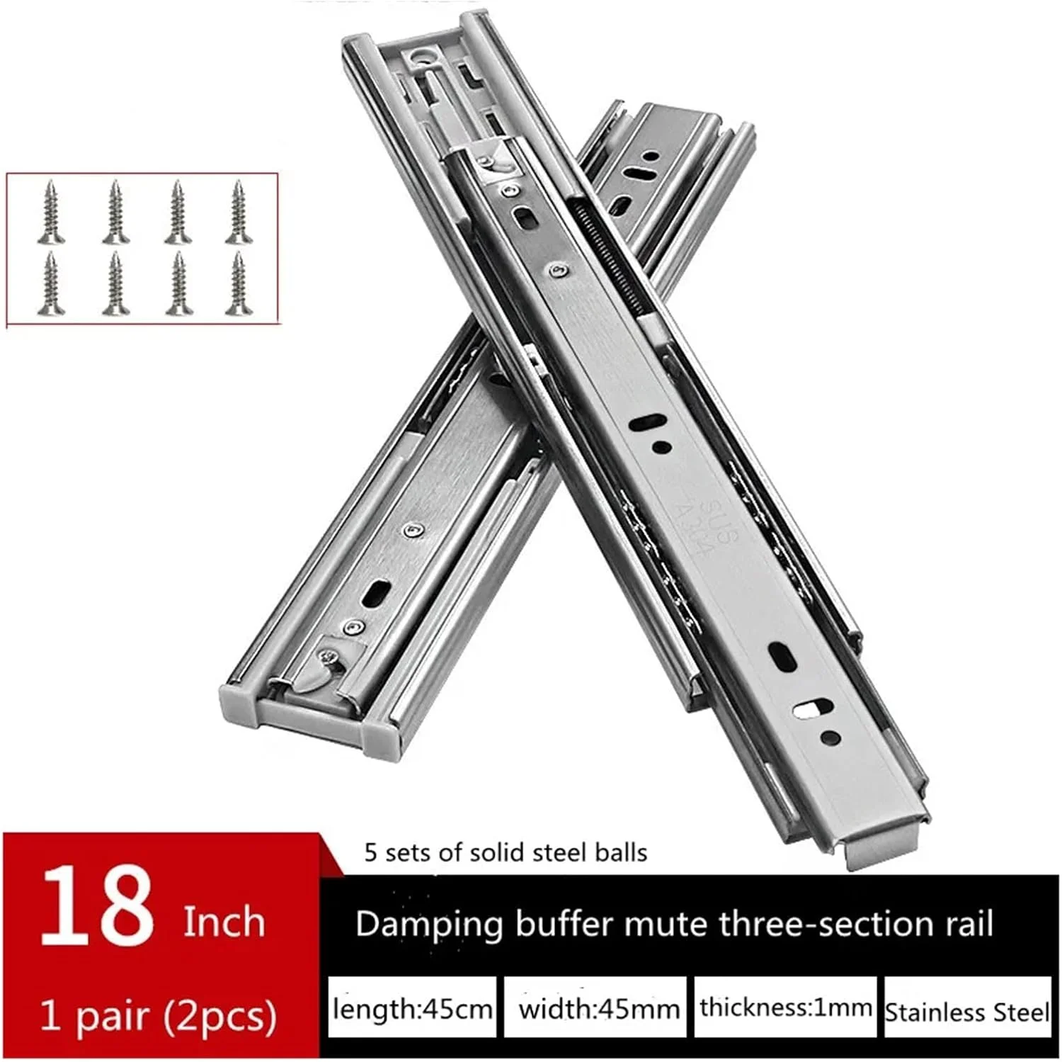ریل کشویی سه تکه استیل ضد زنگ، ضخیم شده، بی صدا، بافر میرایی، ریل ساچمه ای فولادی، ریل کابینت (18 اینچ)