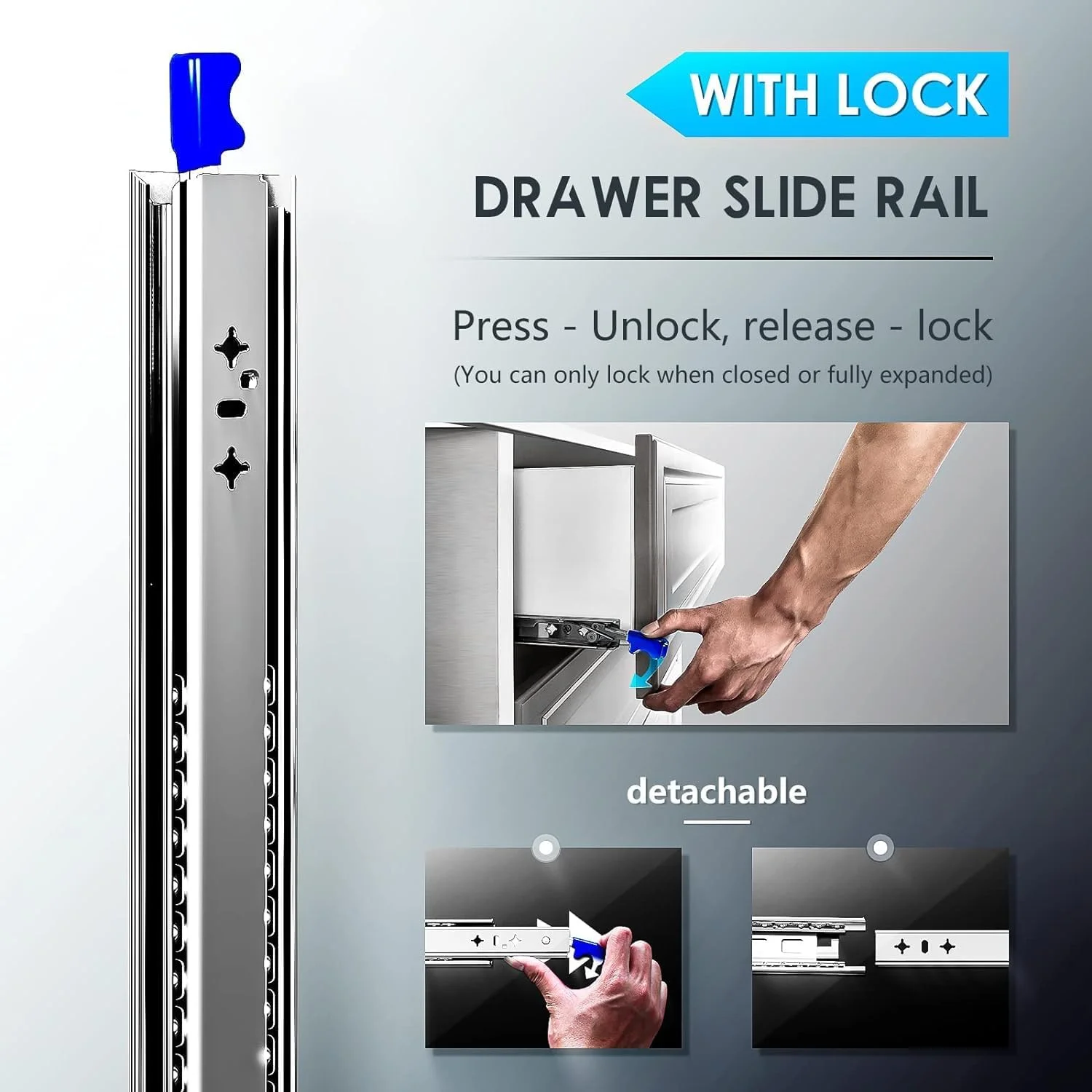 ریل کشویی سنگین SYOSI با قفل، ظرفیت بارگیری 120 کیلوگرم، ریل کشویی قفل‌دار صنعتی قوی با قابلیت باز شدن کامل، راهنمای قفسه بلبرینگ، نصب جانبی برای انبار کردن، 1 جفت