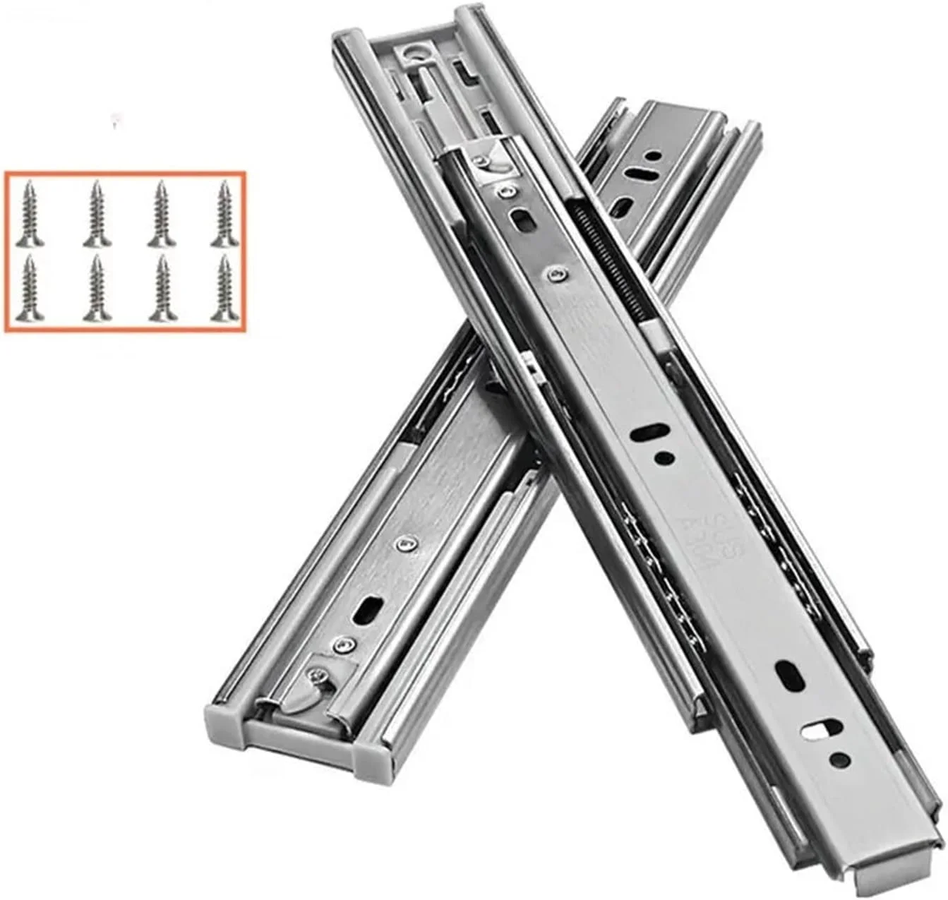 ریل کشویی سه تکه استیل ضد زنگ، ضخیم شده، بی صدا، بافر میرایی، ریل ساچمه ای فولادی، ریل کابینت (18 اینچ)