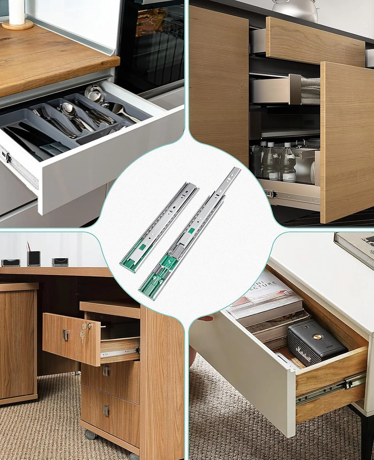 ریل کشویی نرم‌بند سایوسی، 2 جفت، 30 سانتی‌متری، بلبرینگ دار، بازشوندگی کامل، نصب جانبی، ظرفیت بار 45 کیلوگرم، مناسب برای کشوهای کمد، کابینت و آشپزخانه، رنگ نقره‌ای