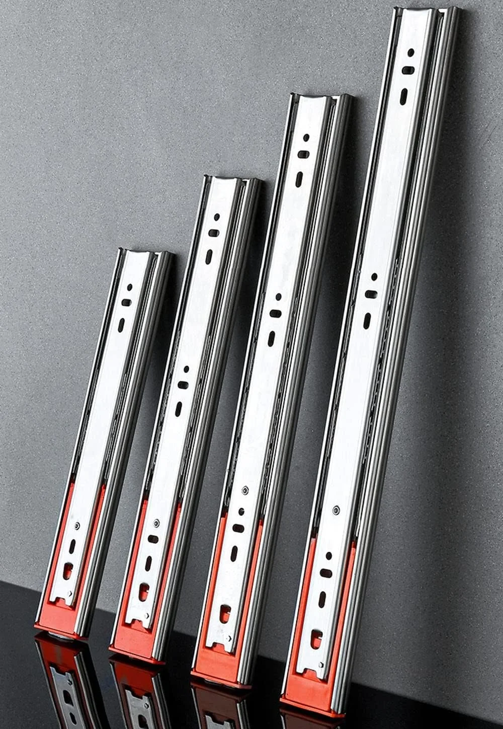 ریل کشو استیل ضد زنگ با مکانیزم آرام بند در اندازه های 25، 30، 35، 40، 45، 50، 55 و 60 سانتی متر، یک جفت ریل بلبرینگ برای کابینت، باز شدن کامل، ظرفیت 45 کیلوگرم، رنگی